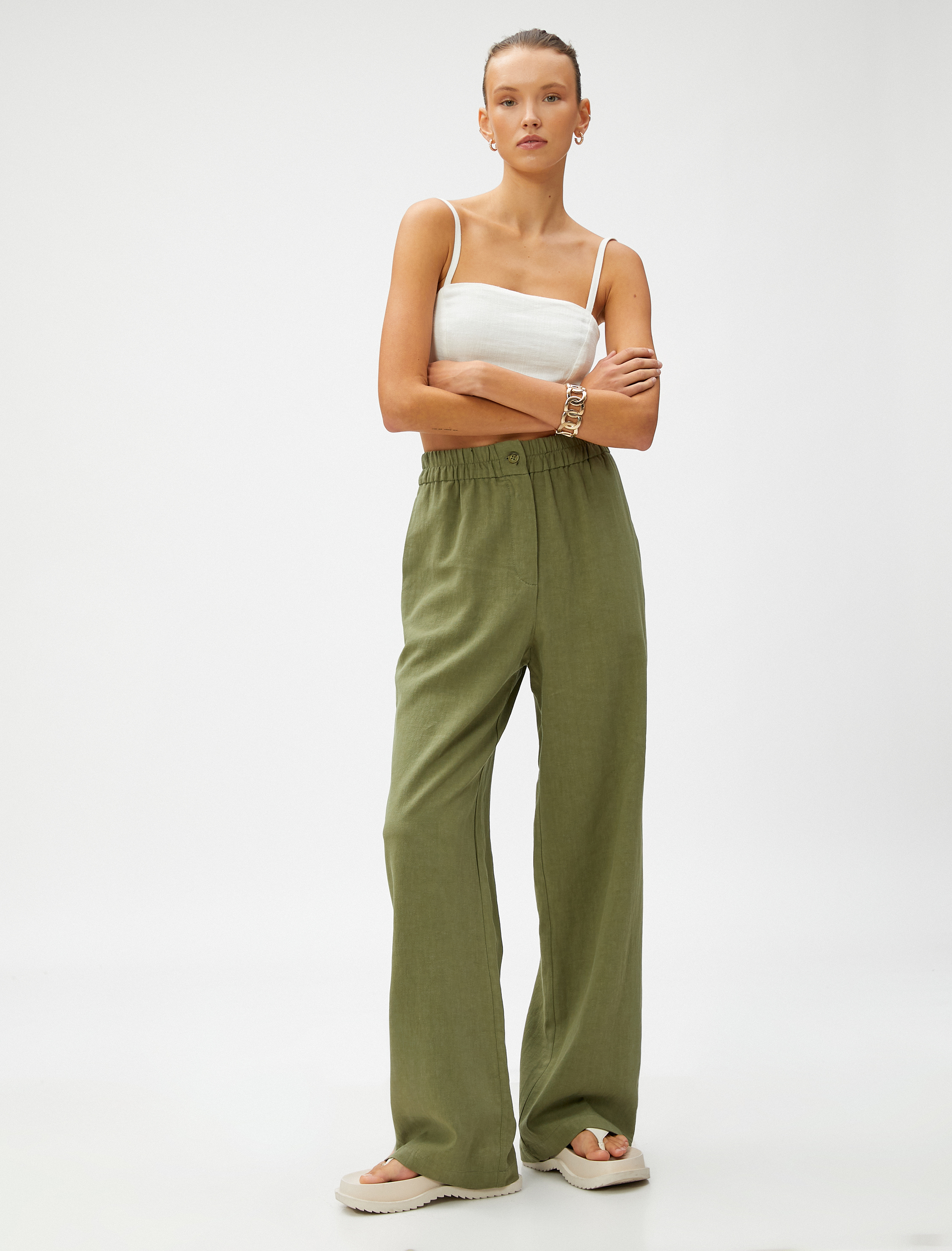   Düz Paça Pantolon Cepli Keten Karışımlı