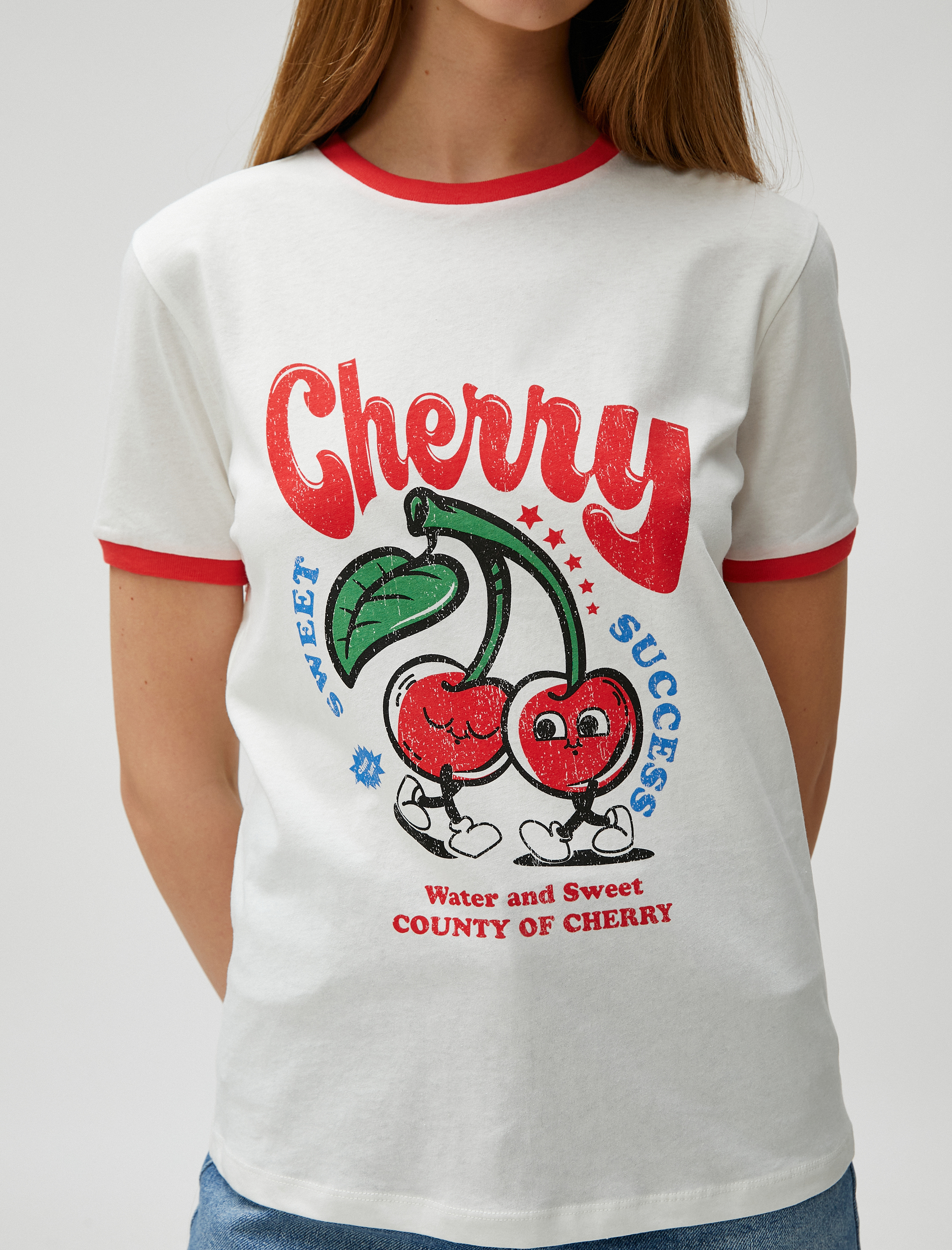   Baskılı Tişört Kısa Kollu Bisiklet Yaka Pamuklu Biye Detaylı