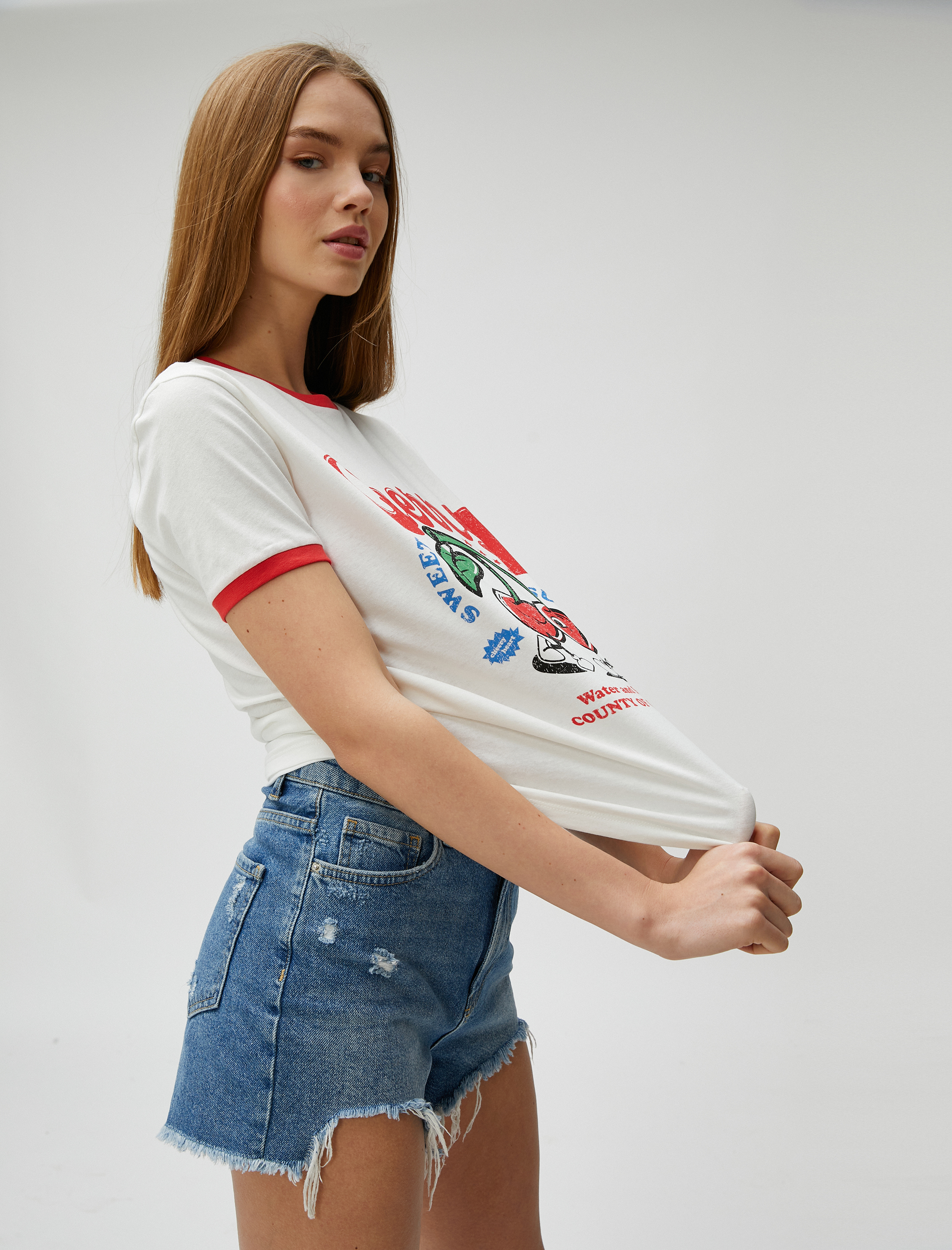   Baskılı Tişört Kısa Kollu Bisiklet Yaka Pamuklu Biye Detaylı