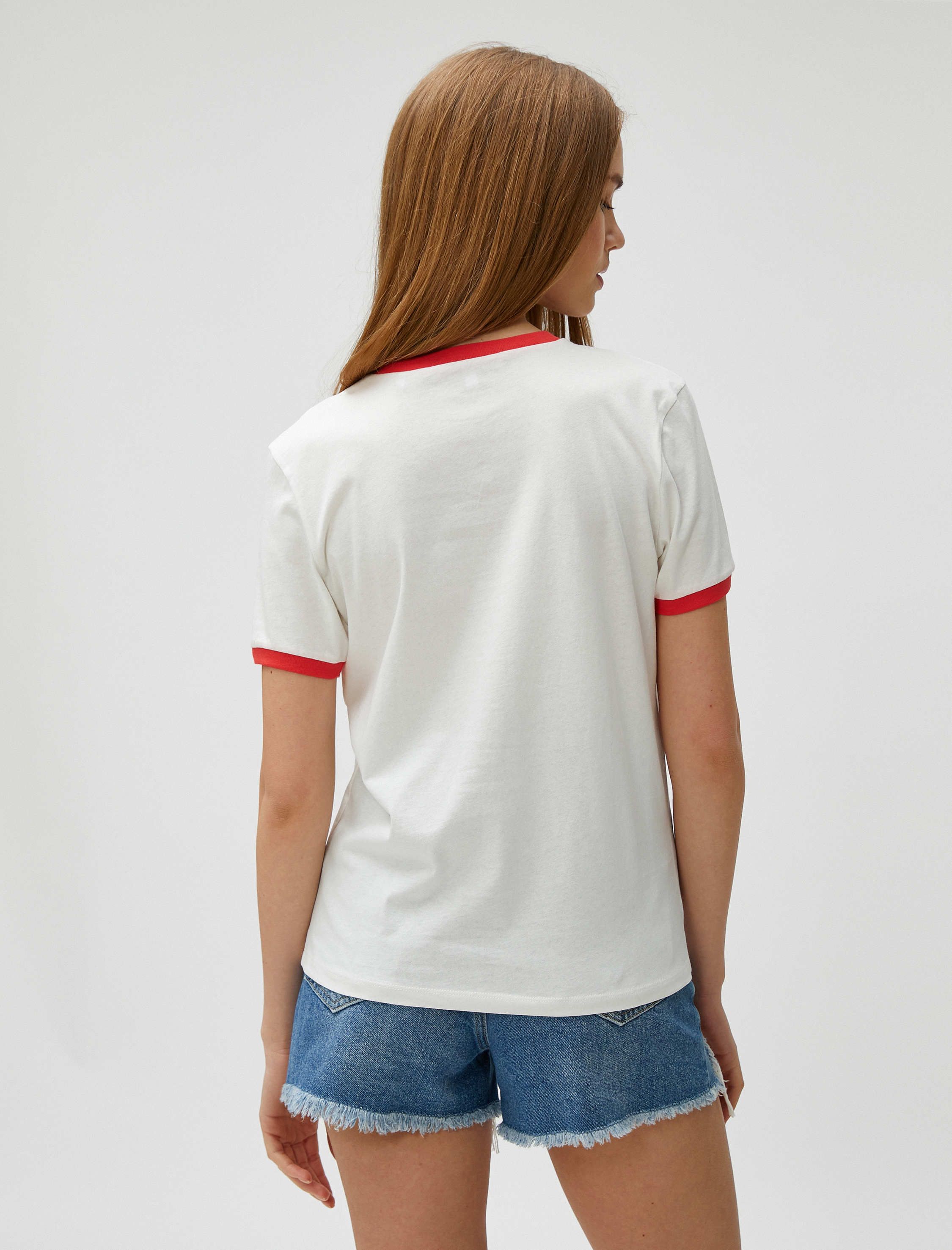   Baskılı Tişört Kısa Kollu Bisiklet Yaka Pamuklu Biye Detaylı