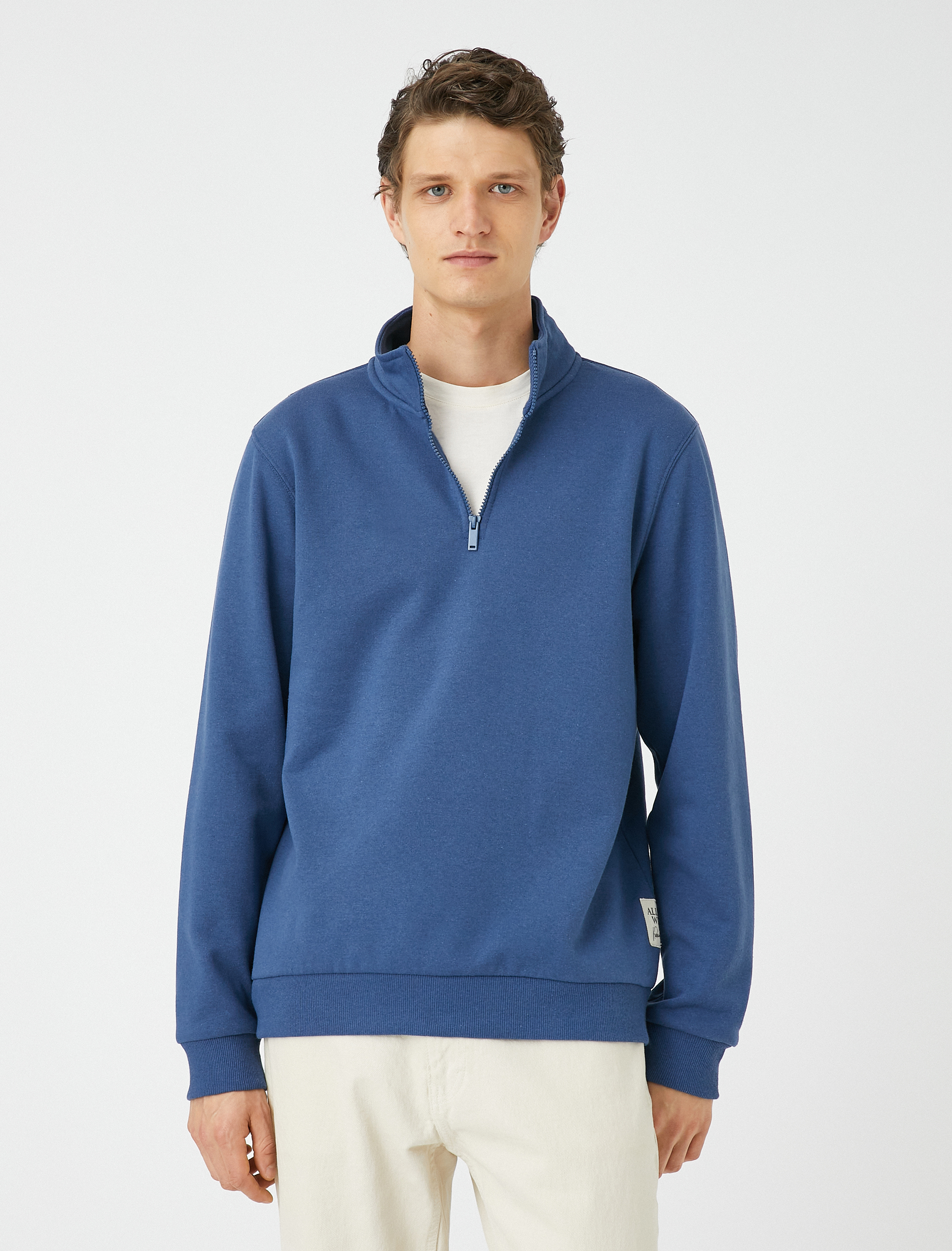   Yarım Fermuarlı Sweatshirt Dik Yaka Uzun Kollu Şardonlu