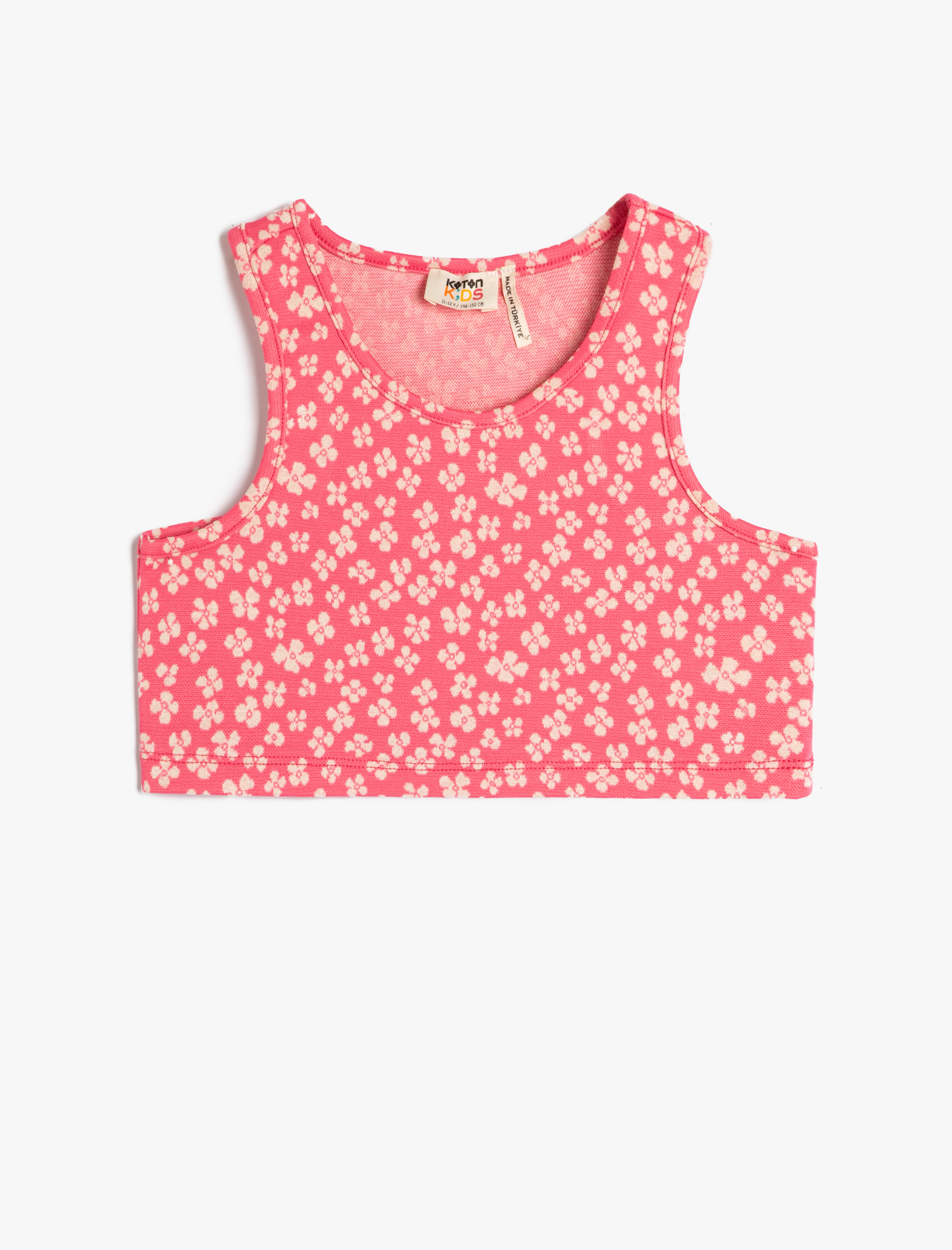  Kız Çocuk Crop Üst Kolsuz Yuvarlak Yaka Çiçekli