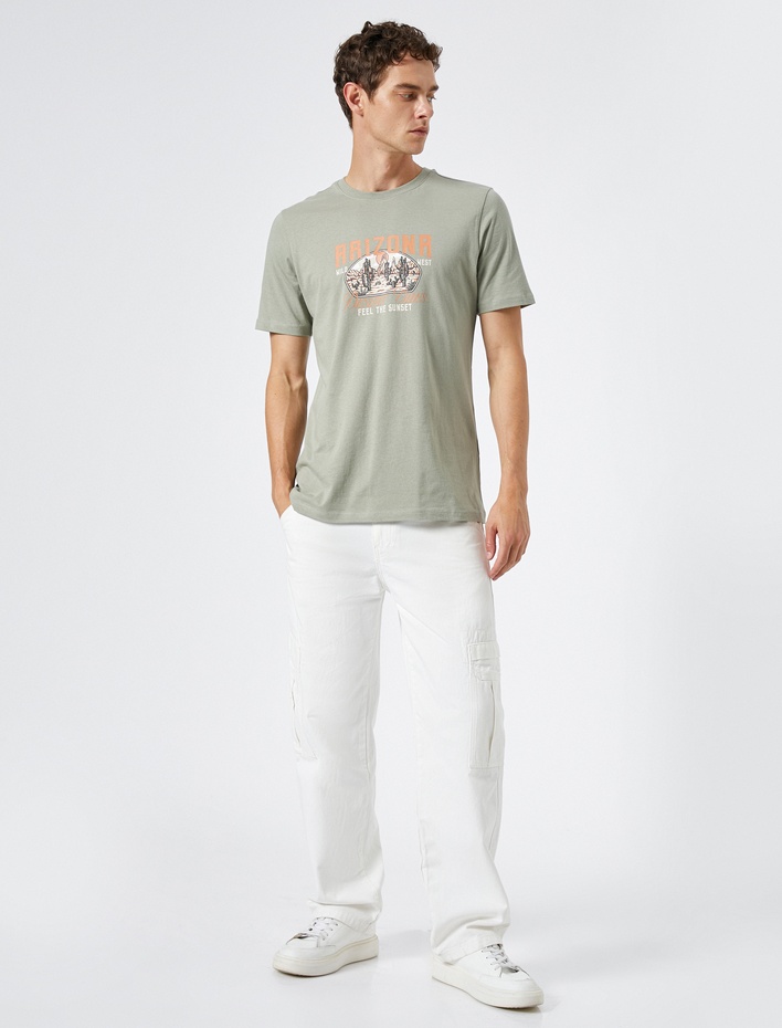  Baskılı Tişört Bisiklet Yaka Kısa Kollu Pamuklu