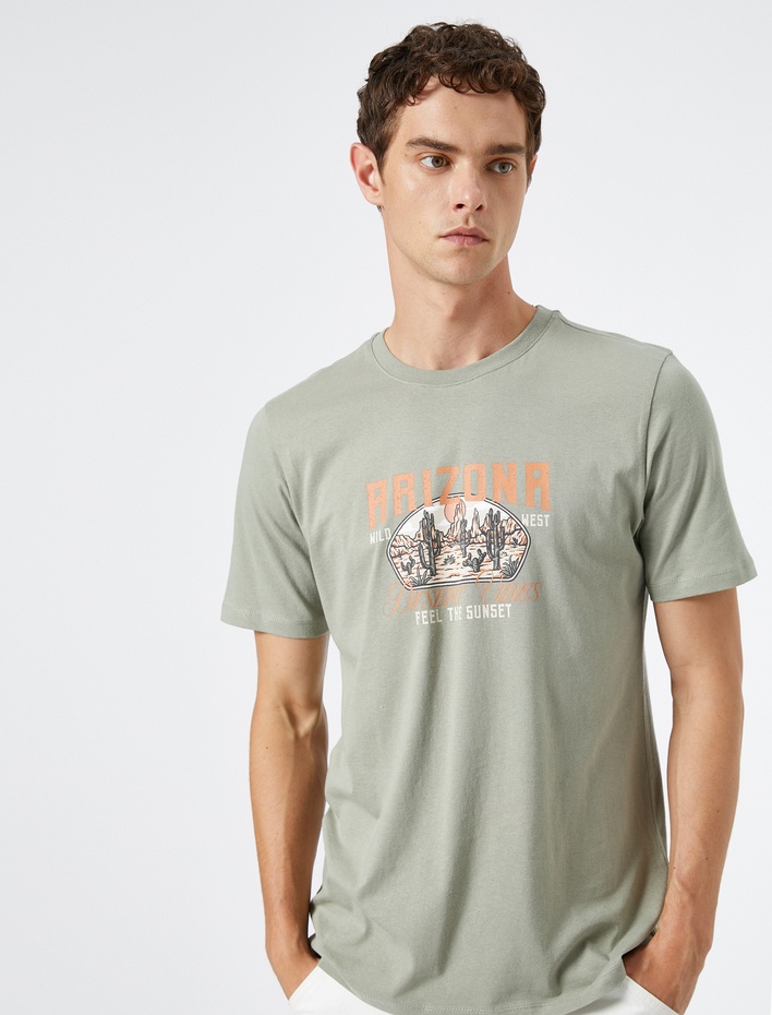  Baskılı Tişört Bisiklet Yaka Kısa Kollu Pamuklu