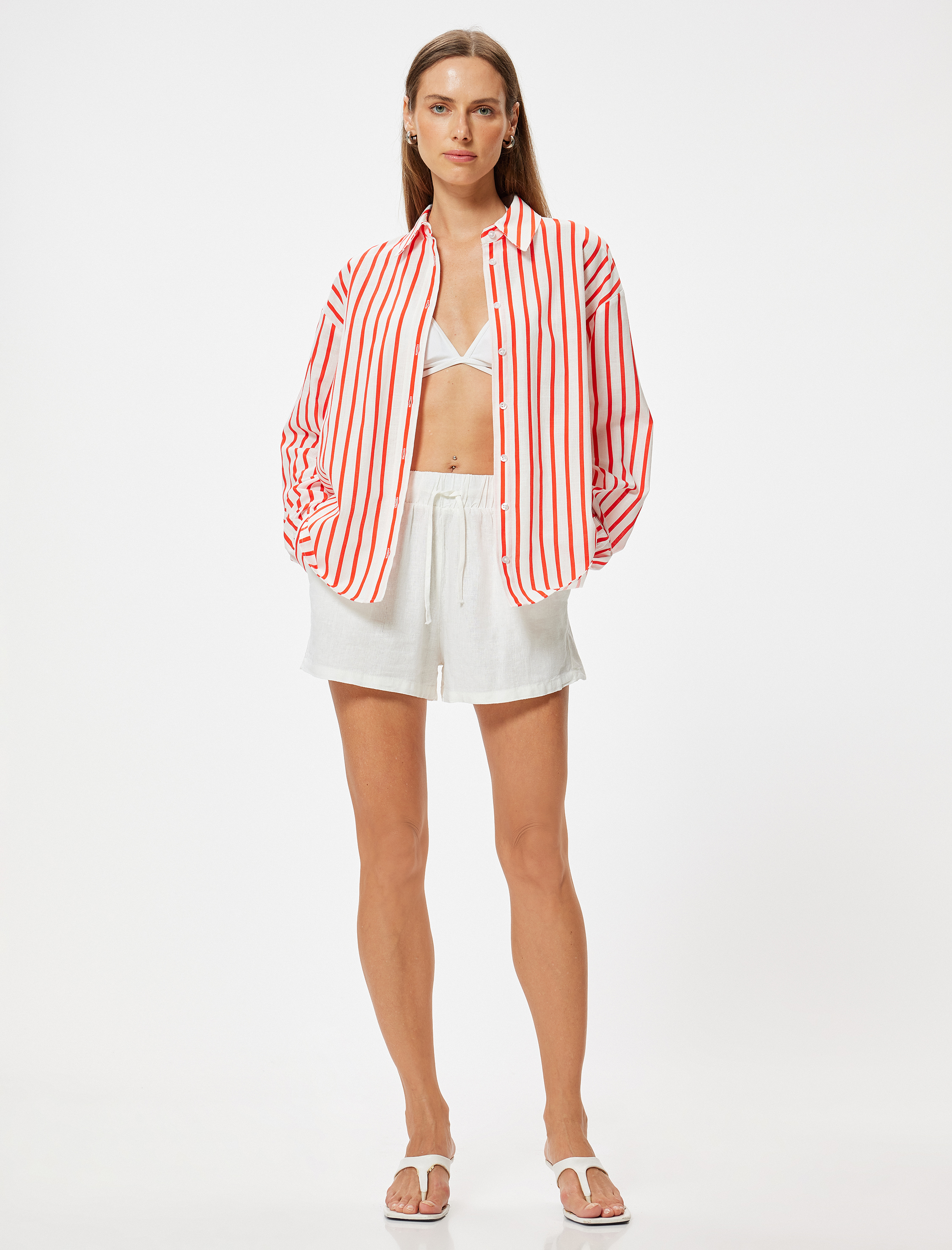   Mini Keten Şort Beli Bağlamalı Cepli Rahat Kalıp