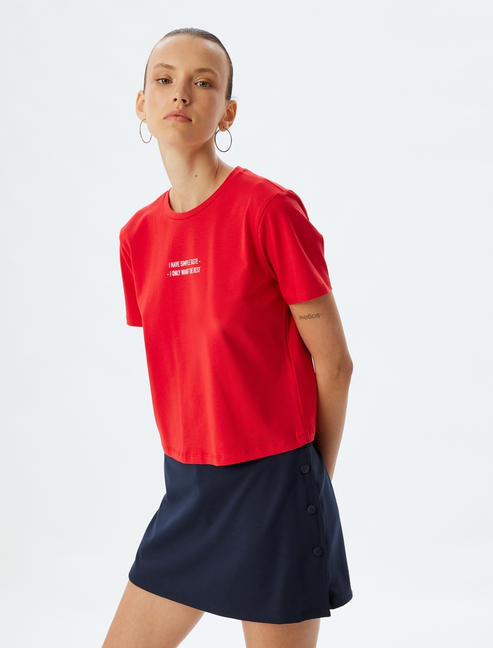  Crop Tişört Slogan Baskılı Bisiklet Yaka Kısa Kollu Pamuklu