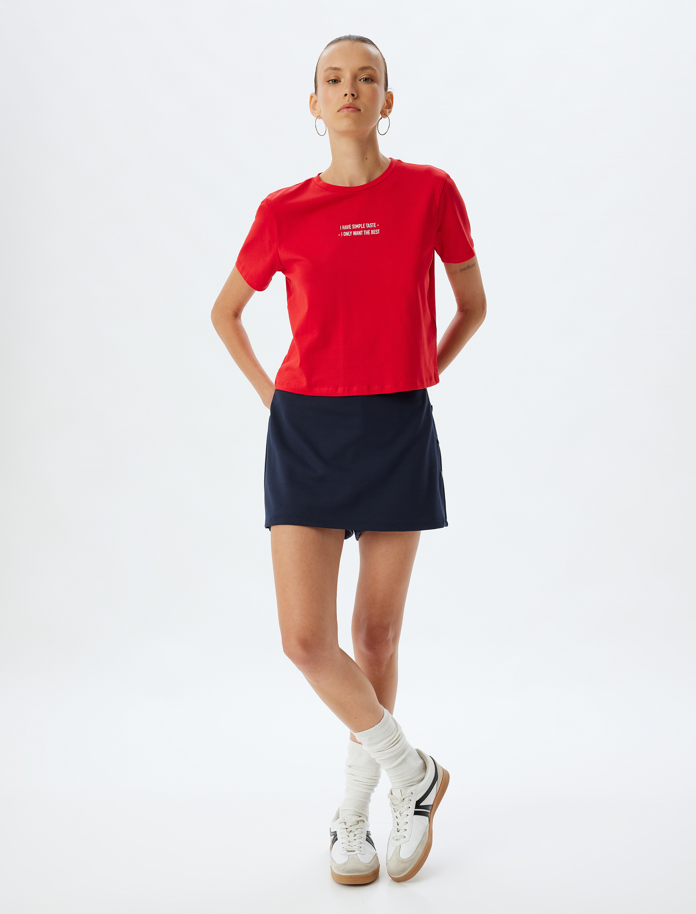   Crop Tişört Slogan Baskılı Bisiklet Yaka Kısa Kollu Pamuklu