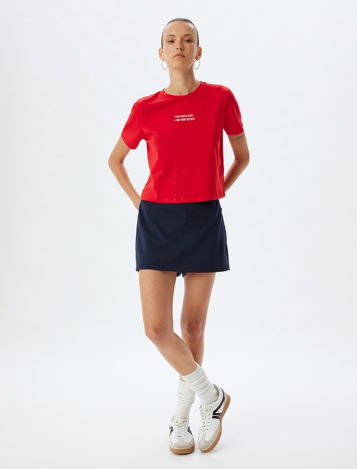  Crop Tişört Slogan Baskılı Bisiklet Yaka Kısa Kollu Pamuklu