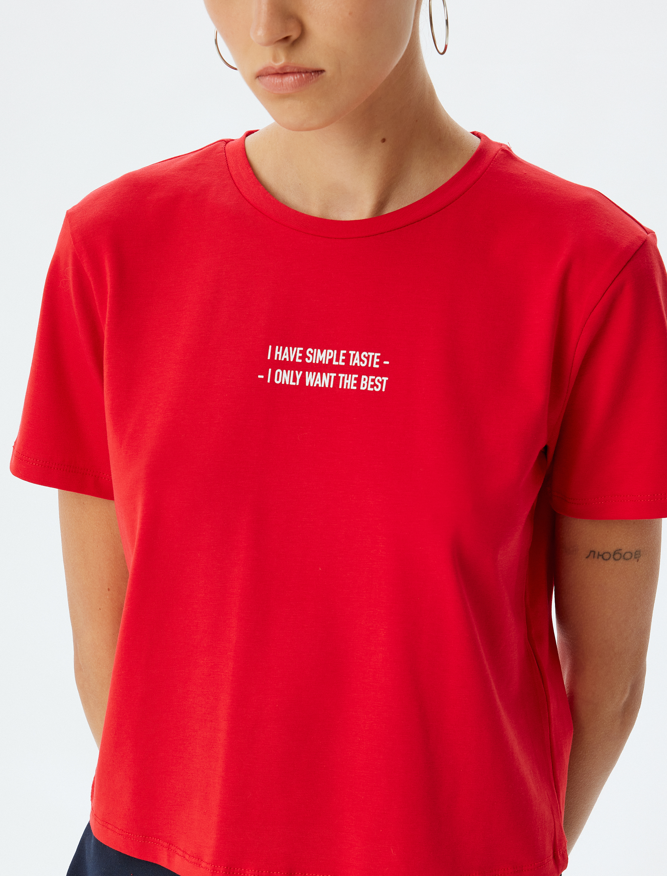   Crop Tişört Slogan Baskılı Bisiklet Yaka Kısa Kollu Pamuklu