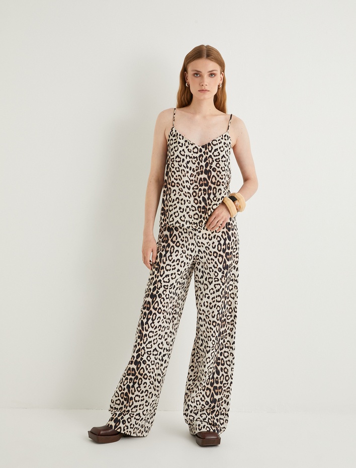 Leopar Desenli Üst İnce Askılı V Yaka Viskoz Kumaş