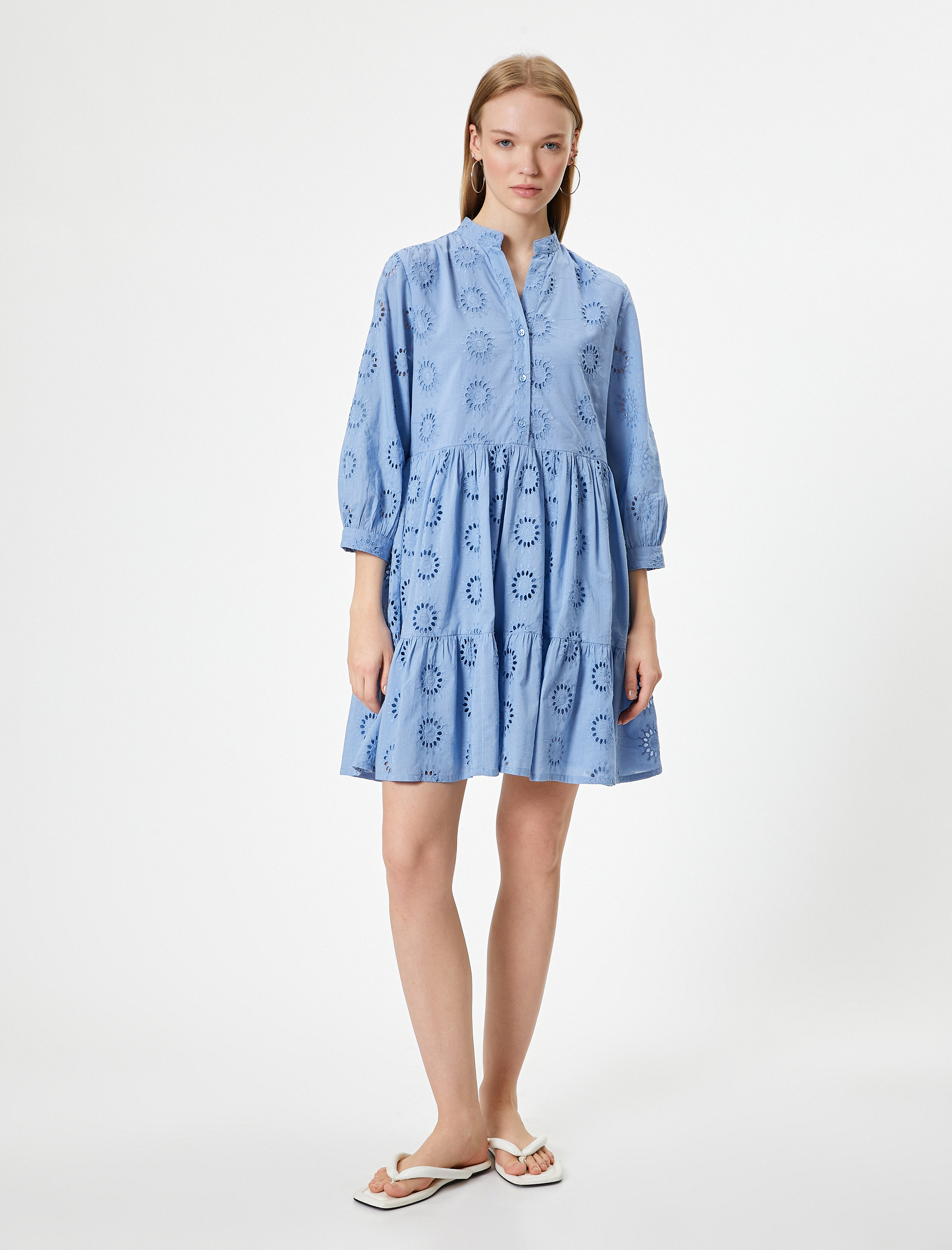   Fisto Elbise Mini Uzun Kollu Hakim Yaka Düğmeli Volanlı