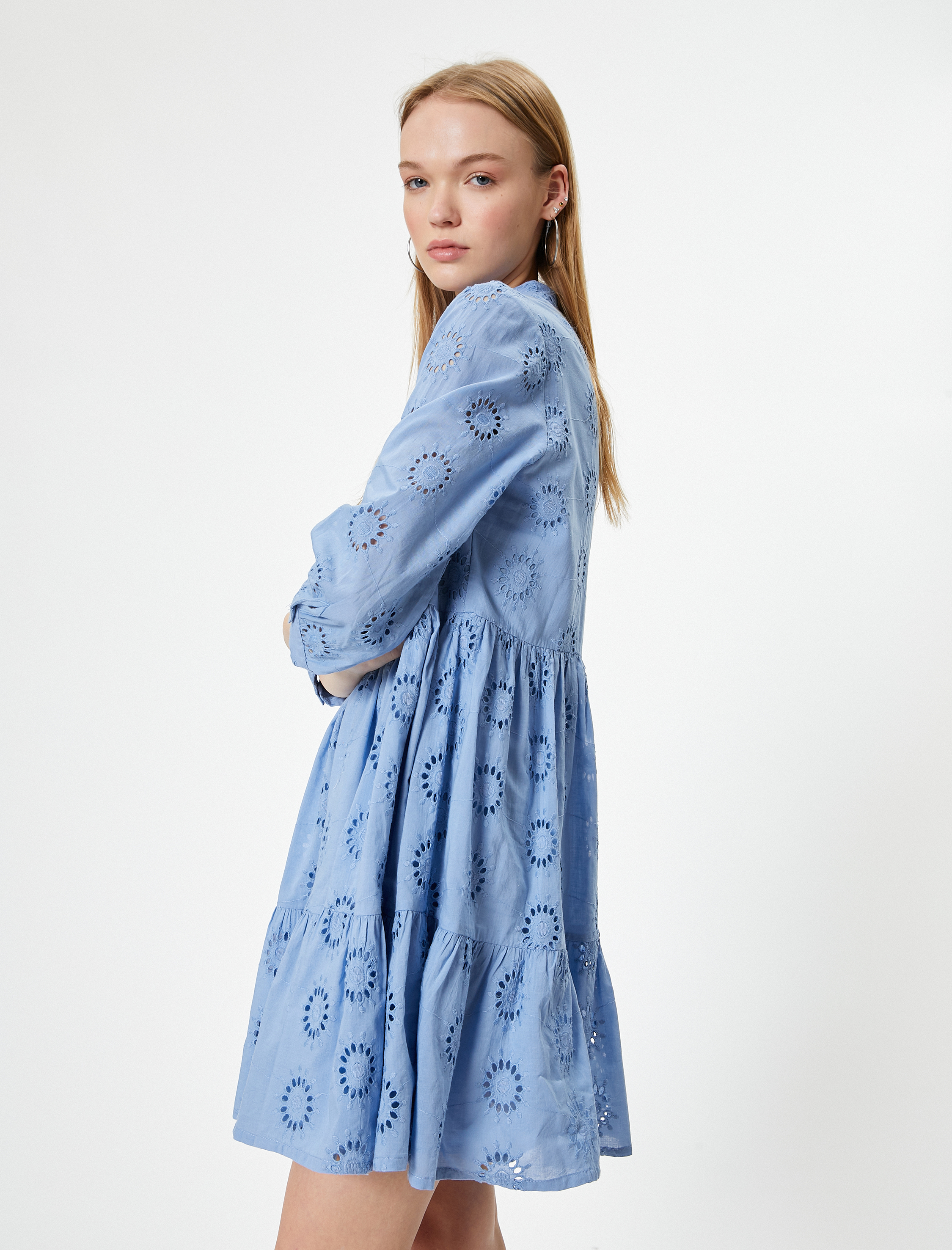   Fisto Elbise Mini Uzun Kollu Hakim Yaka Düğmeli Volanlı