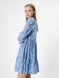 Fisto Elbise Mini Uzun Kollu Hakim Yaka Düğmeli Volanlı