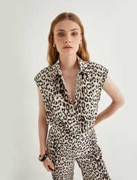 Leopar Desenli Crop Gömlek Kolsuz Pamuklu