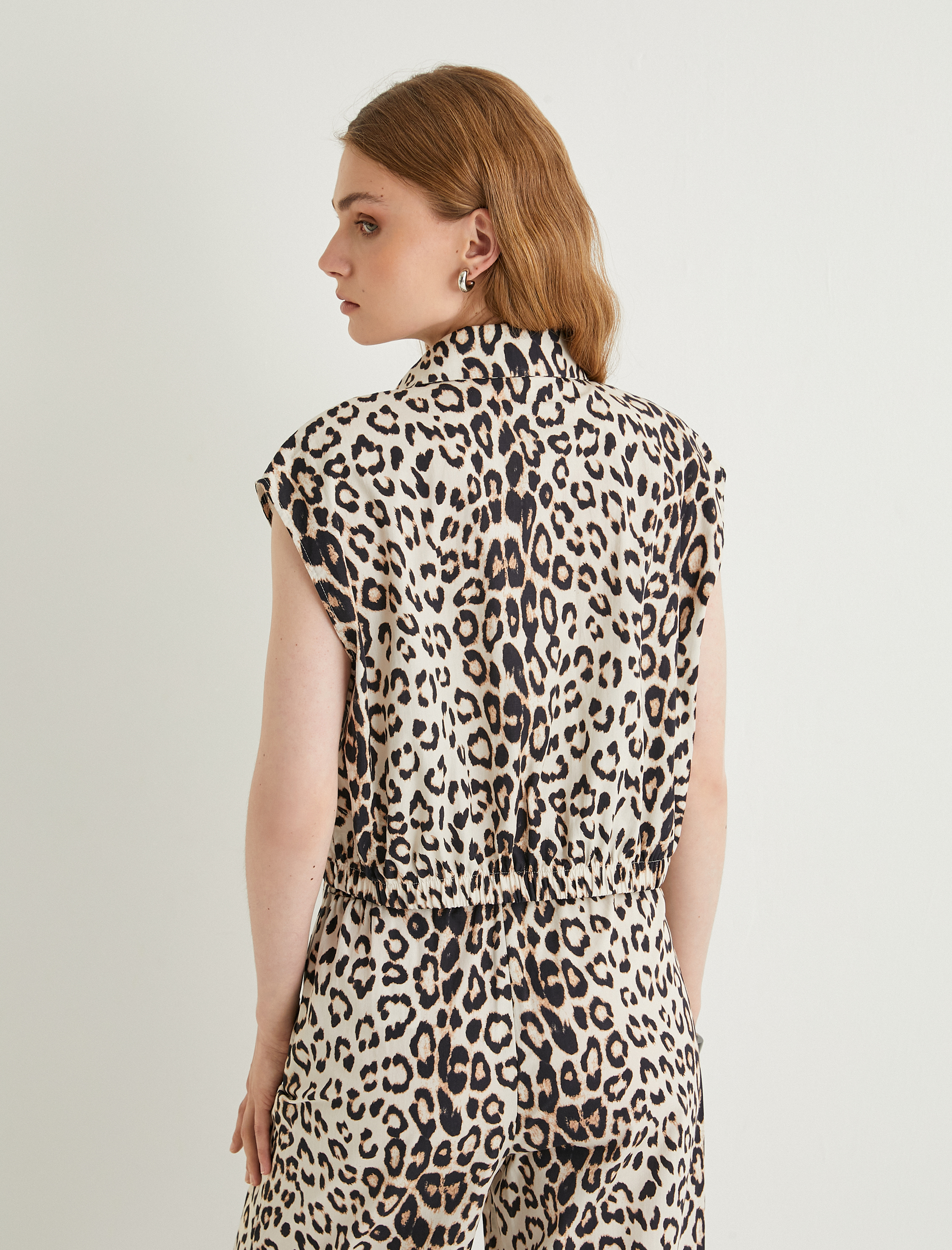   Leopar Desenli Crop Gömlek Kolsuz Pamuklu