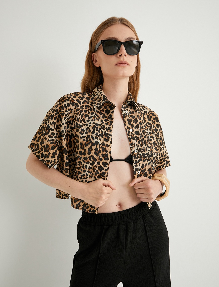 Koton Kadın Crop Leopar Gömlek Oversize Kısa Kollu Cepli