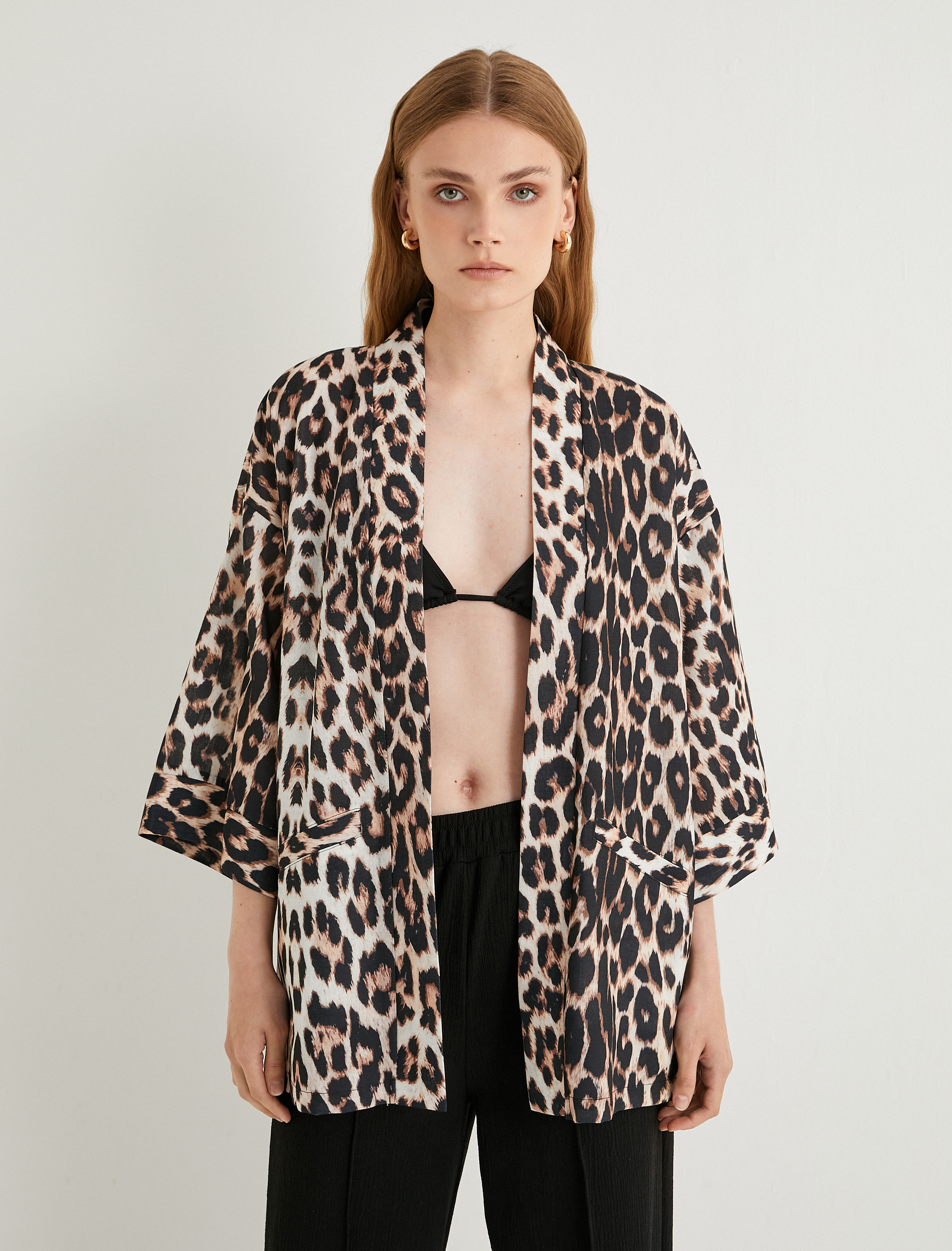   Leopar Desenli Kimono 3/4 Geniş Kol Kalça Boy Bol Kalıp