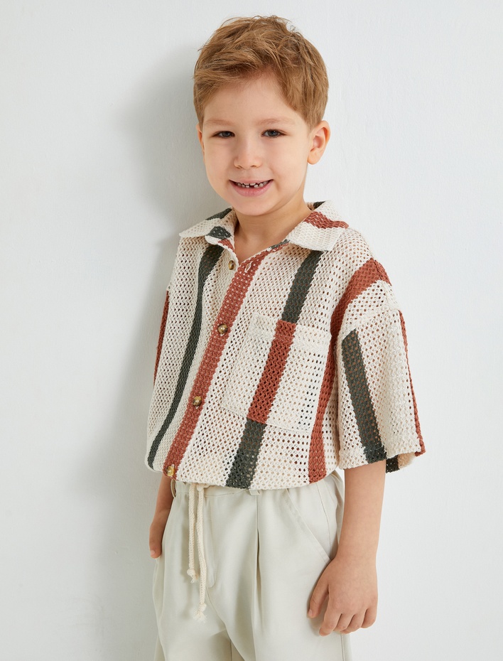 Erkek Çocuk Polo Yaka Tişört Ajurlu Kısa Kollu Pamuklu