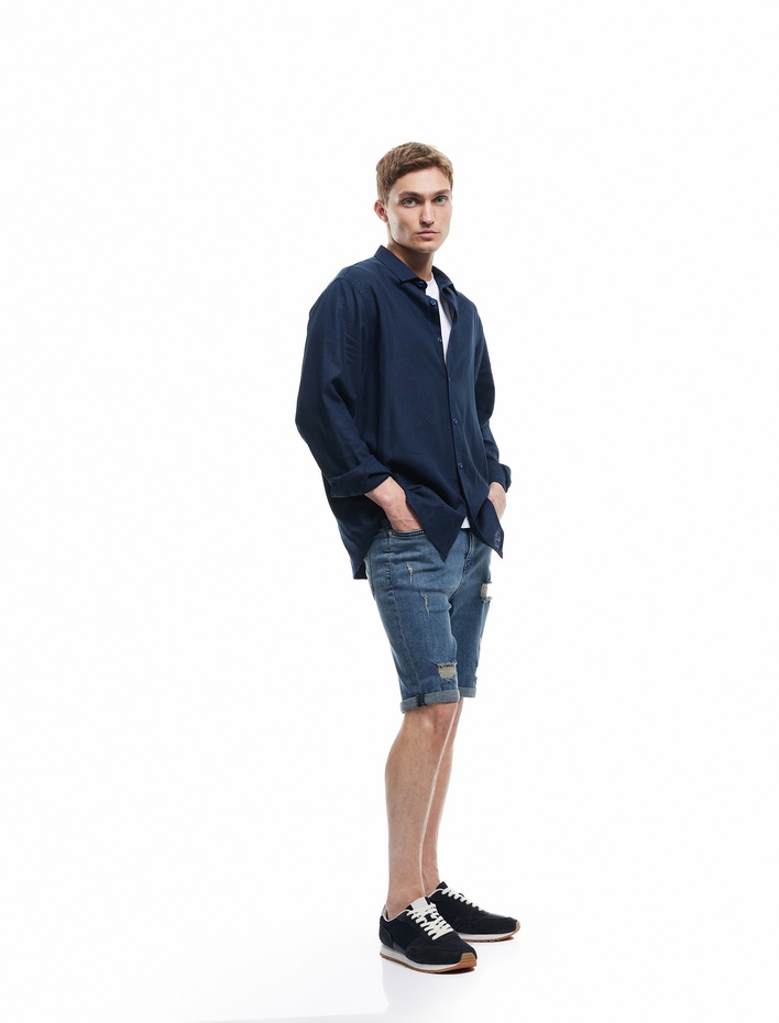  Slim Fit Kot Şort Yırtık Bermuda Cep Detaylı Katlı Paça Pamuklu