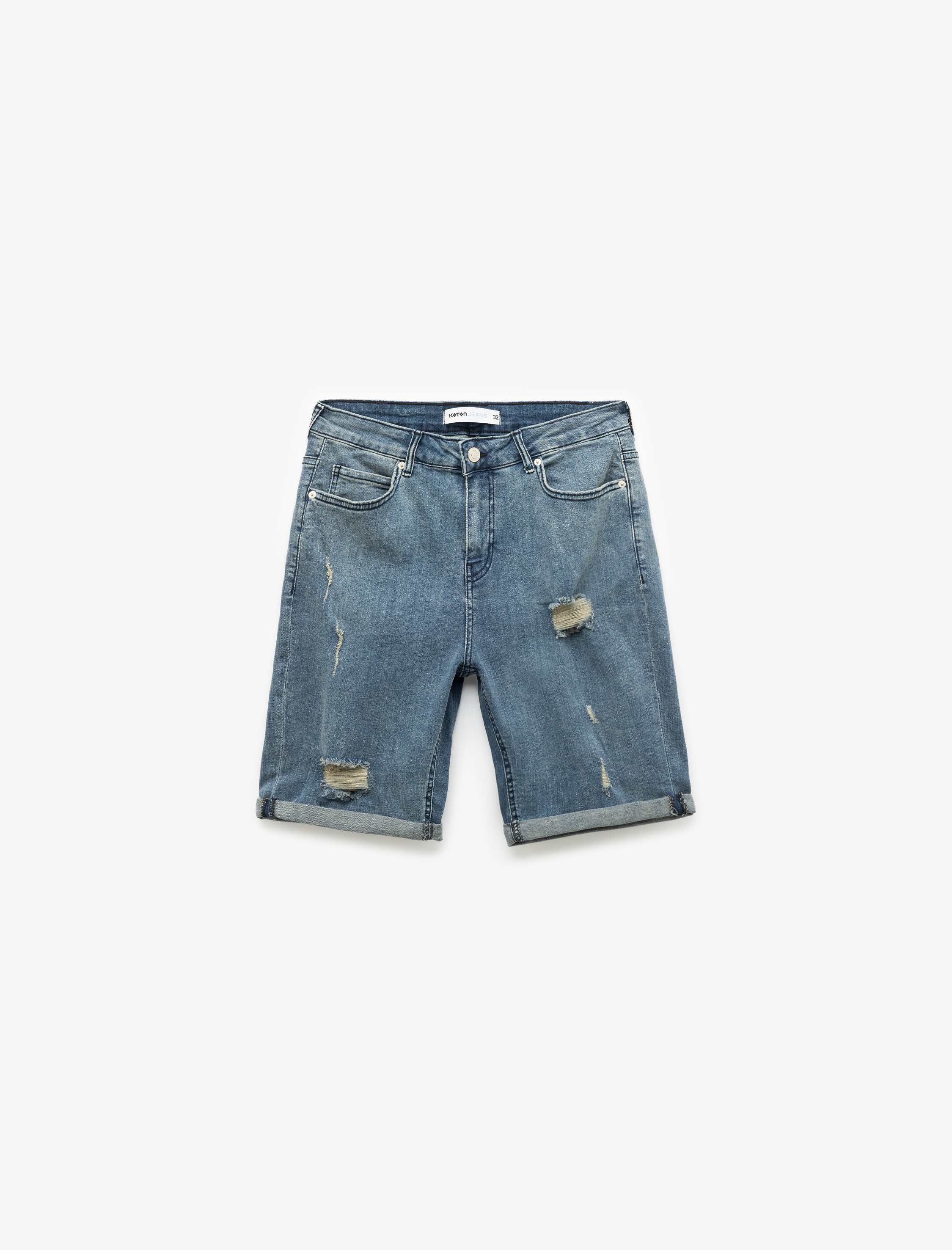   Slim Fit Kot Şort Yırtık Bermuda Cep Detaylı Katlı Paça Pamuklu