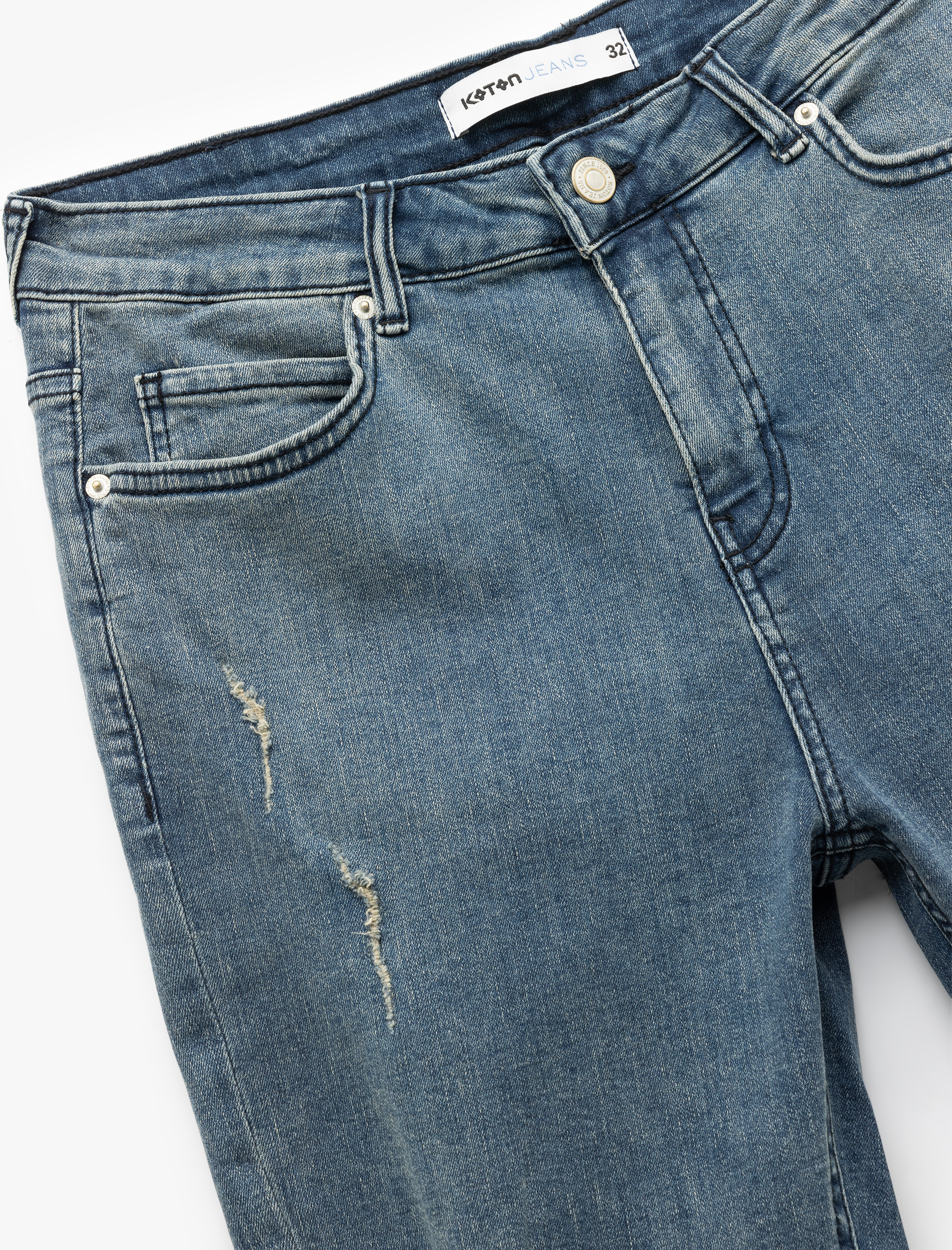   Slim Fit Kot Şort Yırtık Bermuda Cep Detaylı Katlı Paça Pamuklu