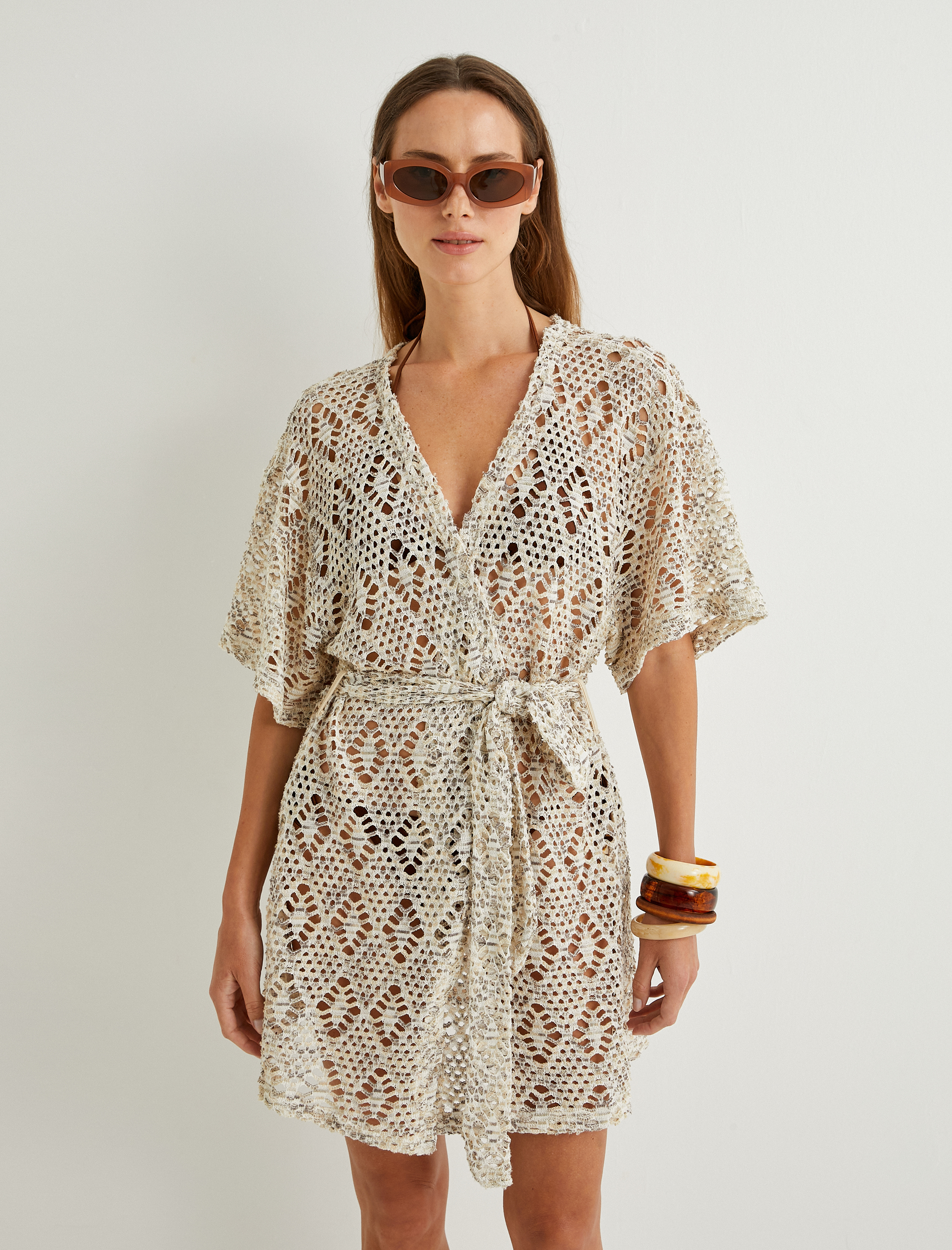   Koton X Şahika Ercümen - Kroşe Kimono Dirsek Boy Kısa Kollu Kemerli