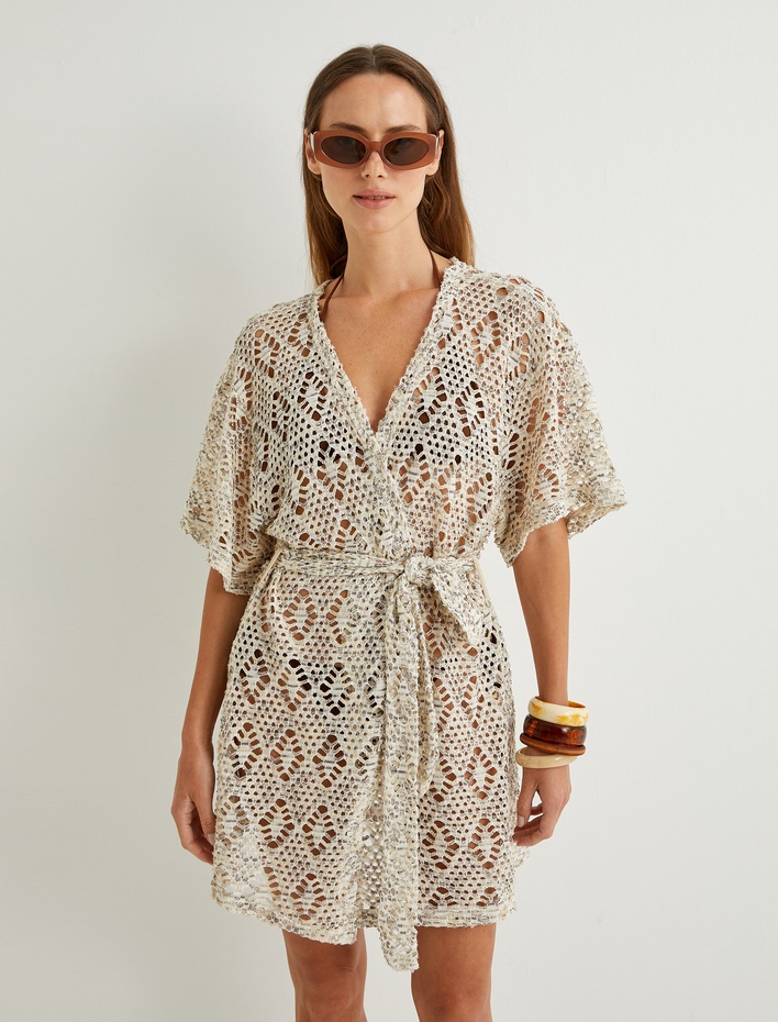  Koton X Şahika Ercümen - Kroşe Kimono Dirsek Boy Kısa Kollu Kemerli