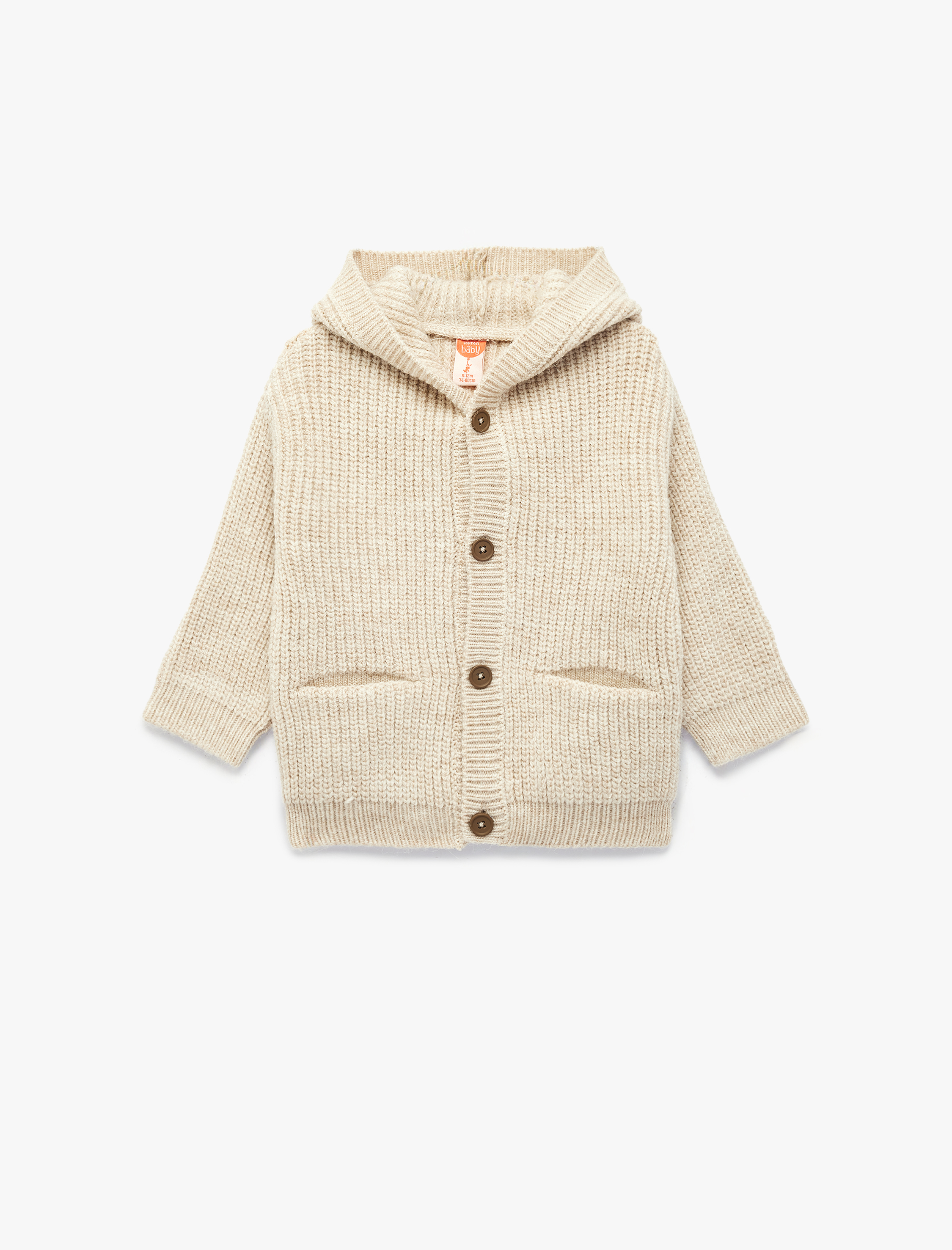  Erkek Bebek Kapşonlu Örgü Hırka Düğme Kapamalı Cep Detaylı