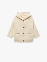 Kapşonlu Örgü Hırka Düğme Kapamalı Cep Detaylı