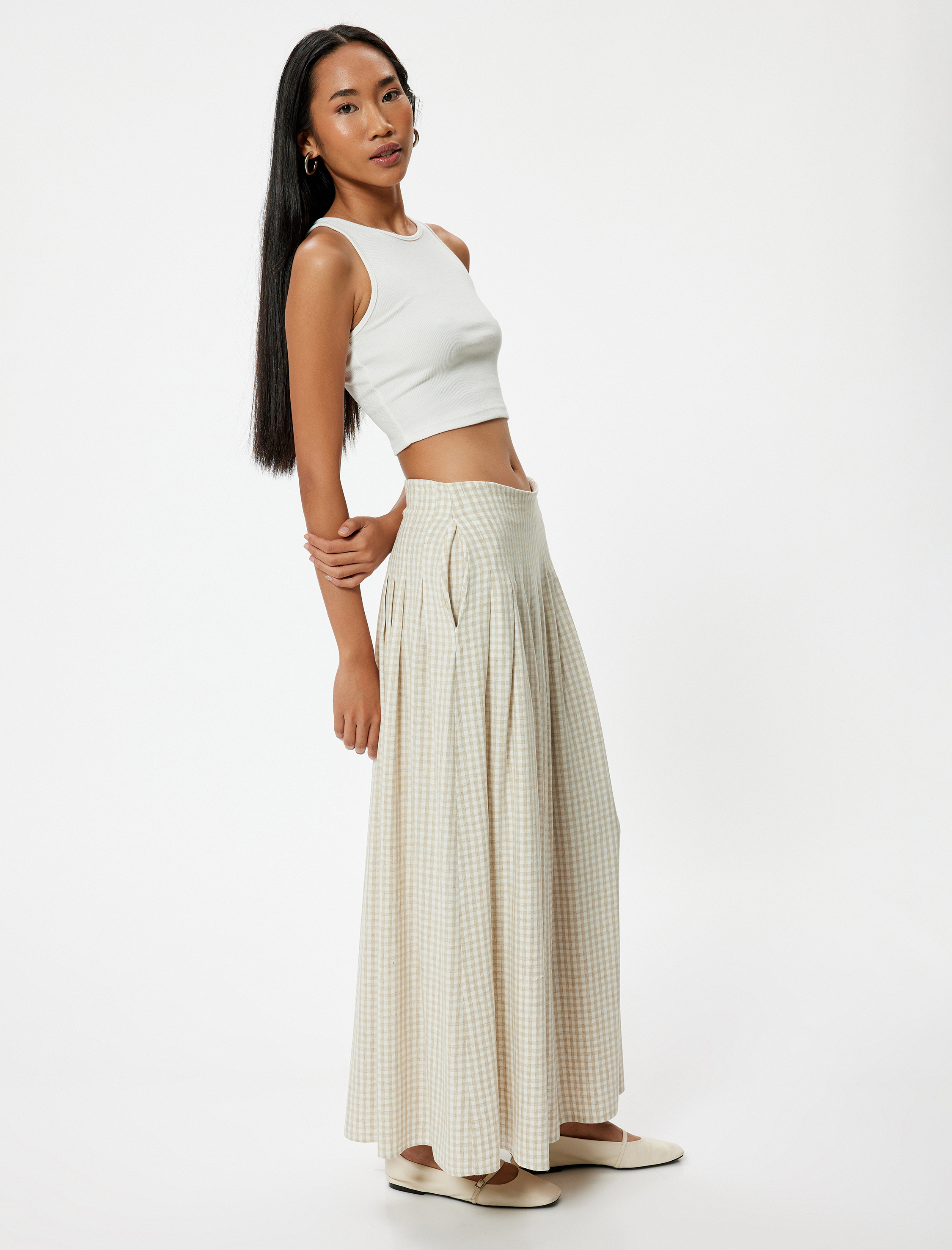   Uzun Pileli Etek Cepli Pötikareli A Kesim Rahat Kalıp