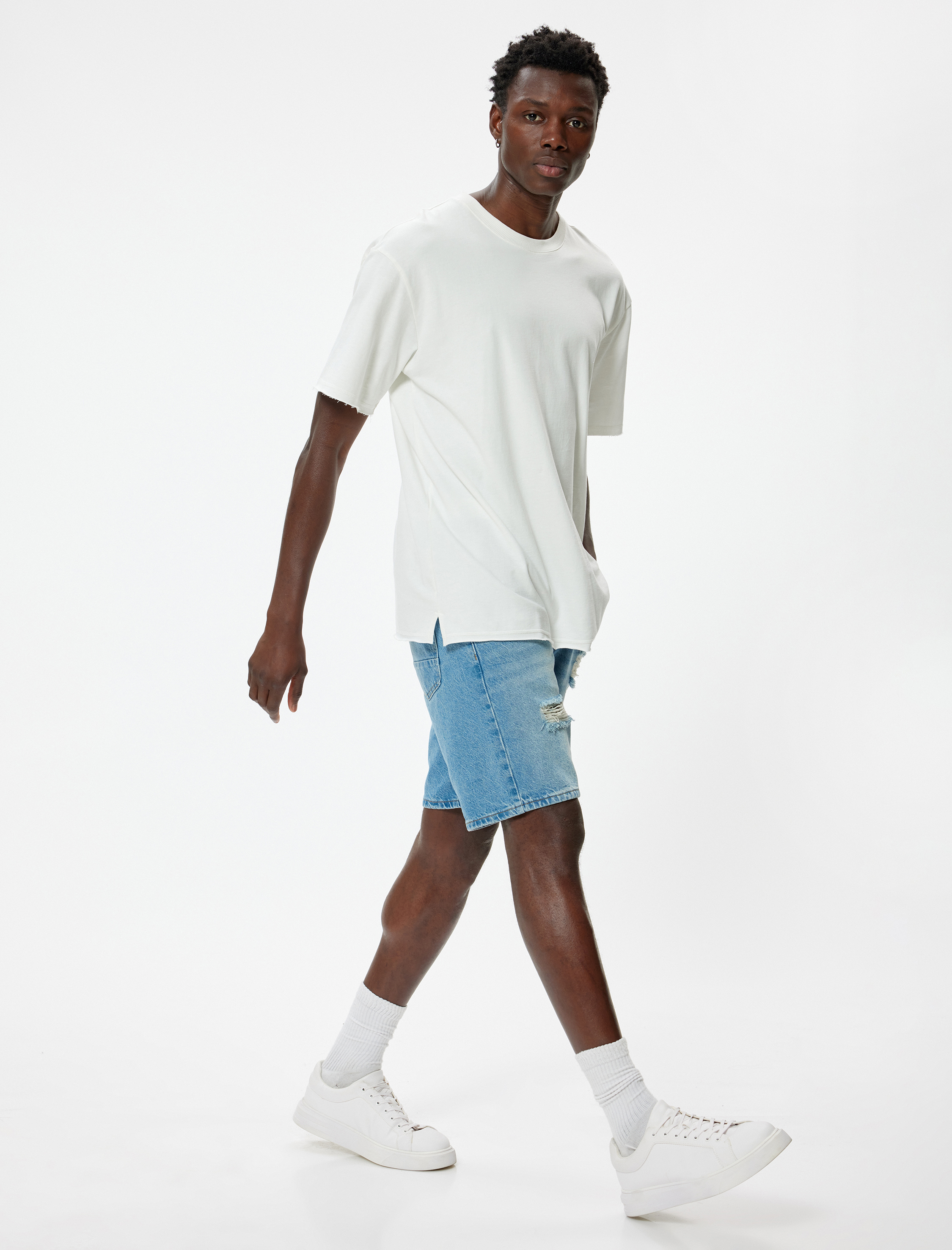   Oversize Kot Şort Yırtık Bermuda Cep Detaylı Pamuklu