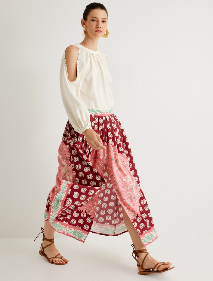  Koton X Melis Ağazat - Uzun Çan Etek Etnik Desenli Viskon Kumaş