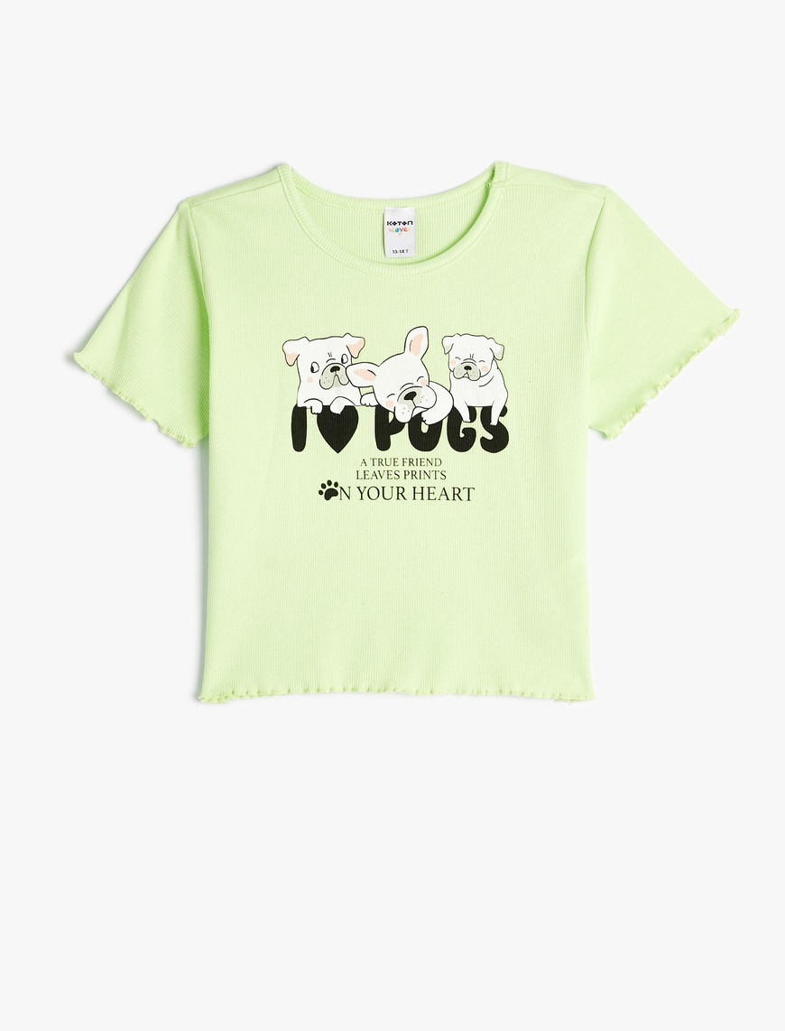 Koton Crop T-Shirt Köpek Baskılı Kısa Kollu Yuvarlak Yaka Pamuklu