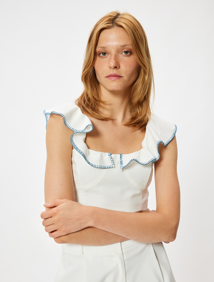  Fırfırlı Crop Büstiyer İşleme Detaylı Keten Karışımlı