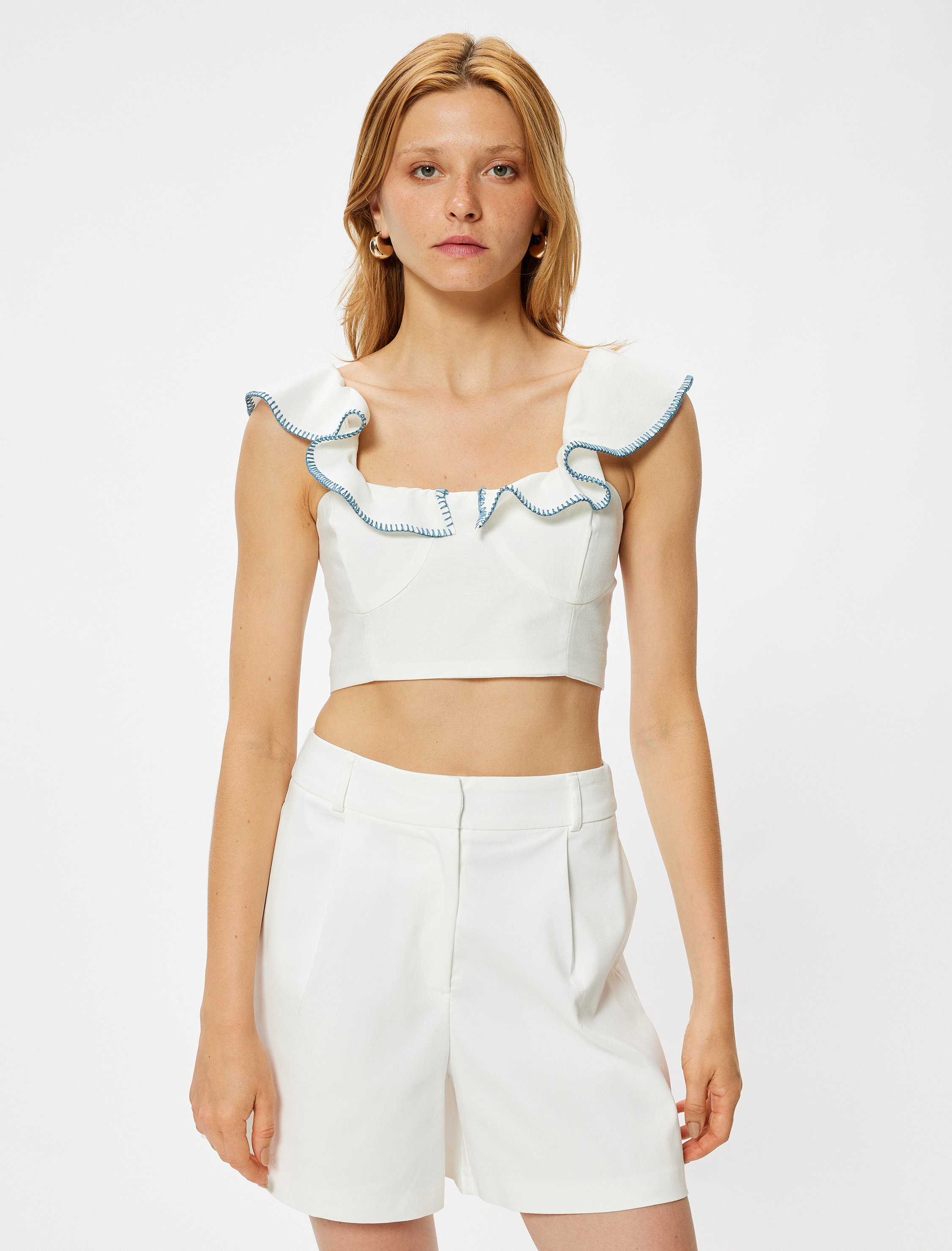   Fırfırlı Crop Büstiyer İşleme Detaylı Keten Karışımlı