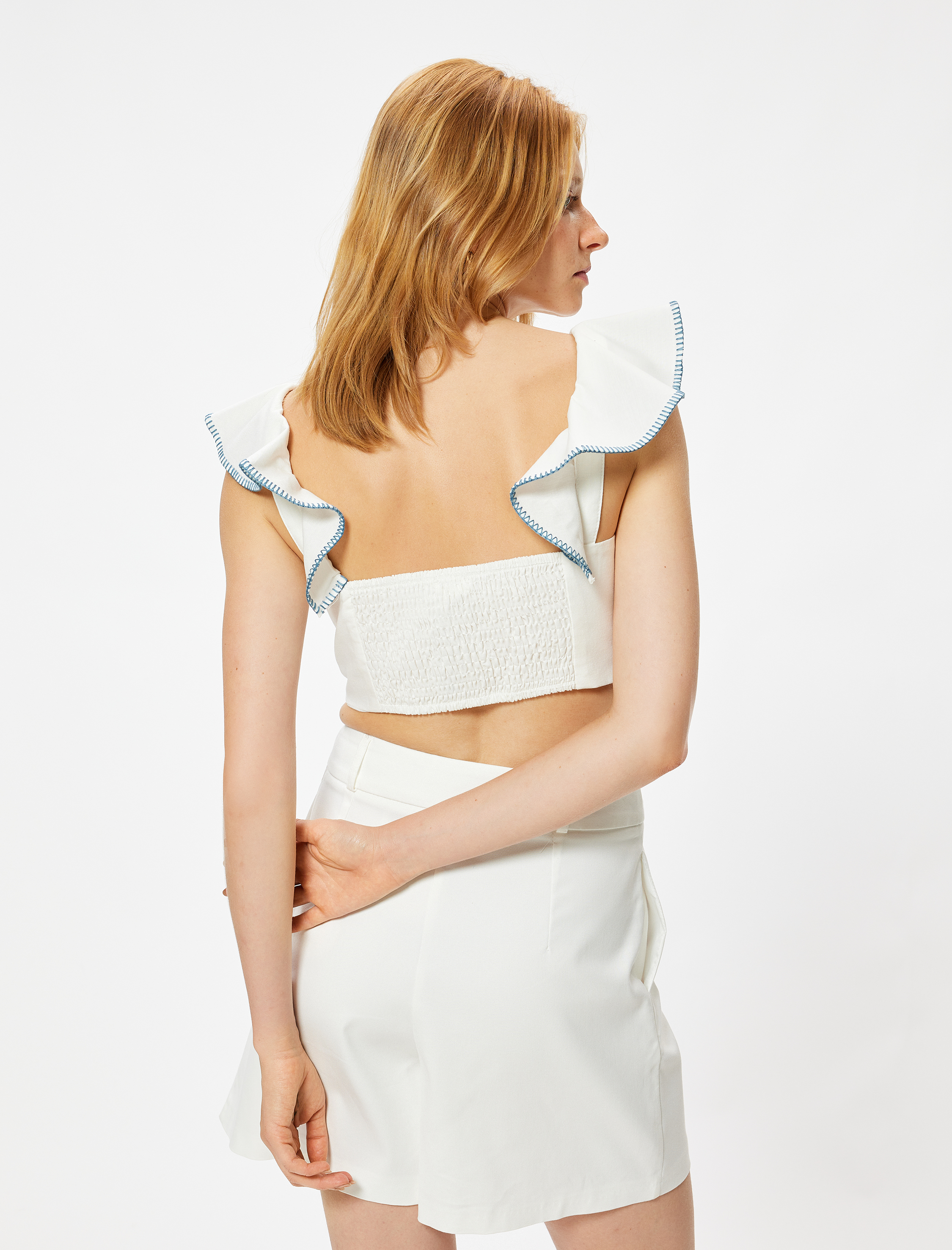   Fırfırlı Crop Büstiyer İşleme Detaylı Keten Karışımlı