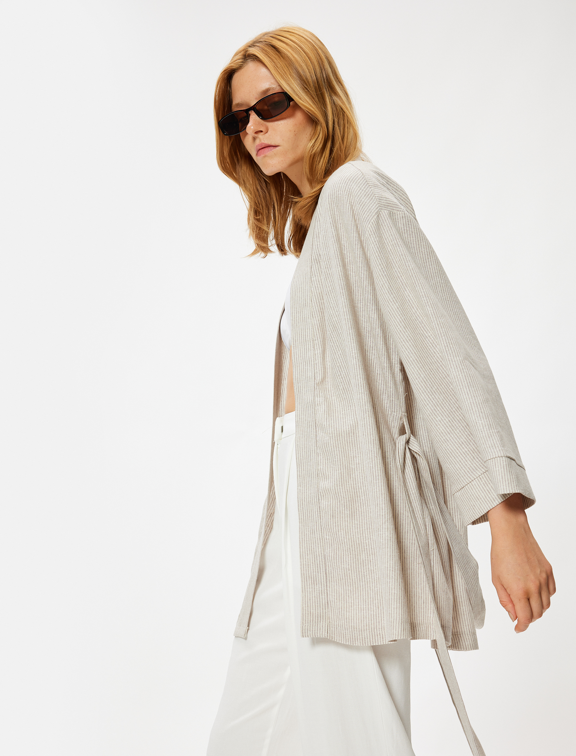   Keten Oversize Kimono Geniş Uzun Kol Kuşak Detaylı