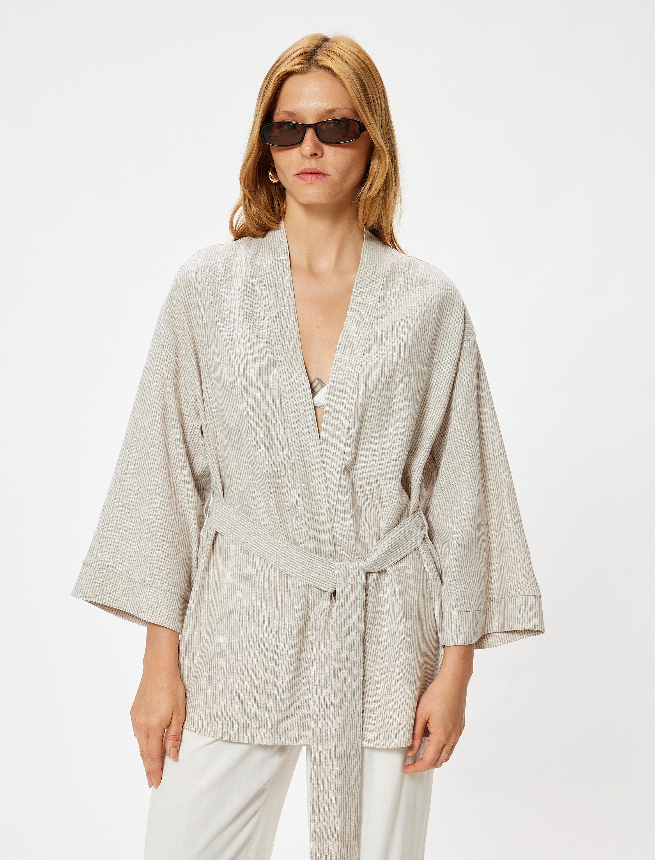   Keten Oversize Kimono Geniş Uzun Kol Kuşak Detaylı