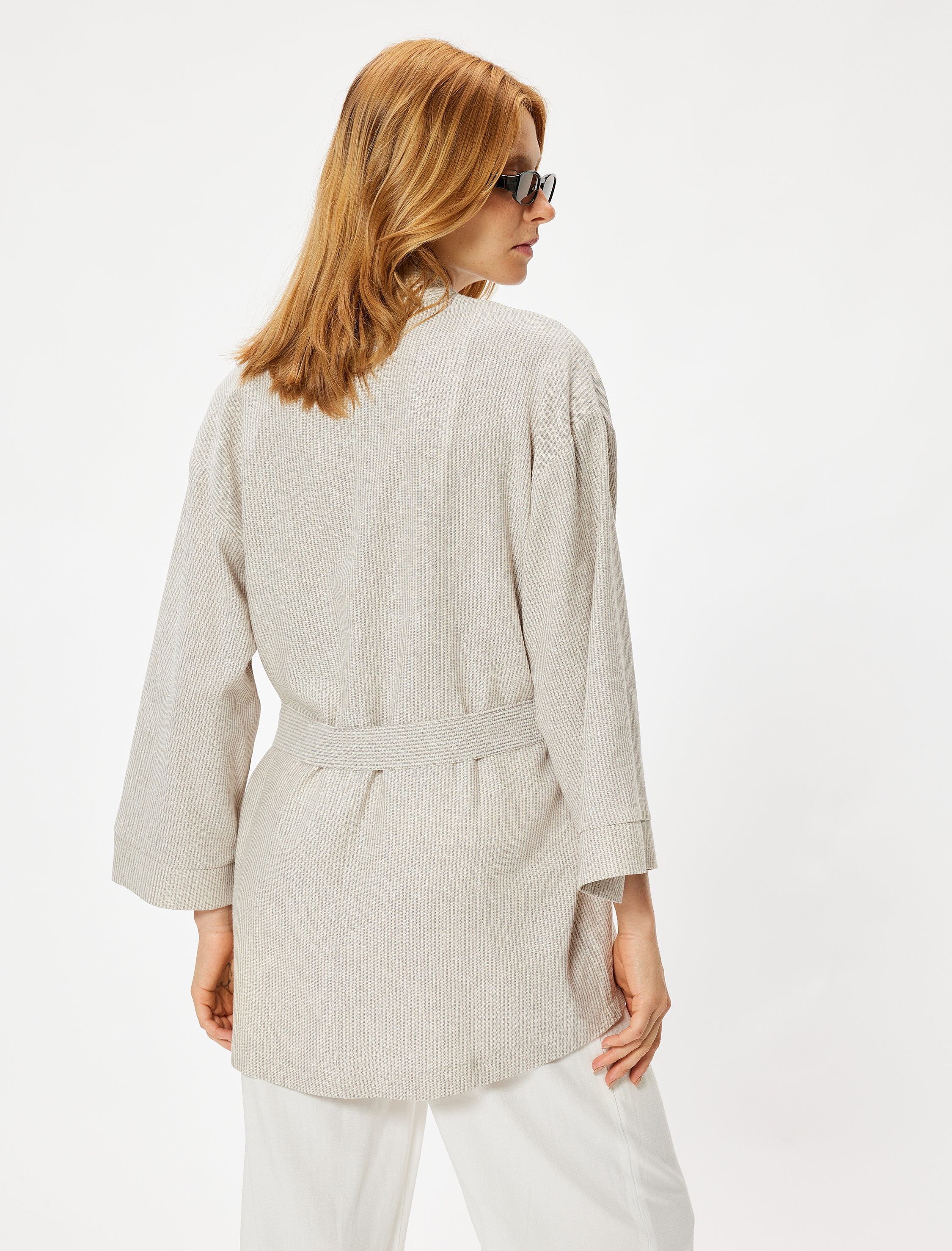   Keten Oversize Kimono Geniş Uzun Kol Kuşak Detaylı
