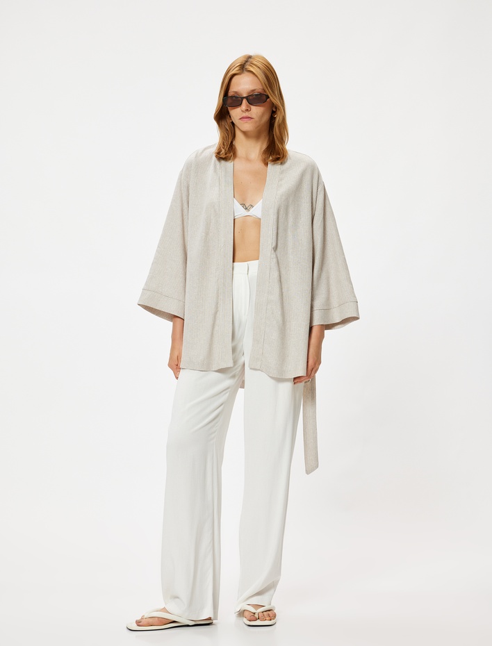  Keten Oversize Kimono Geniş Uzun Kol Kuşak Detaylı