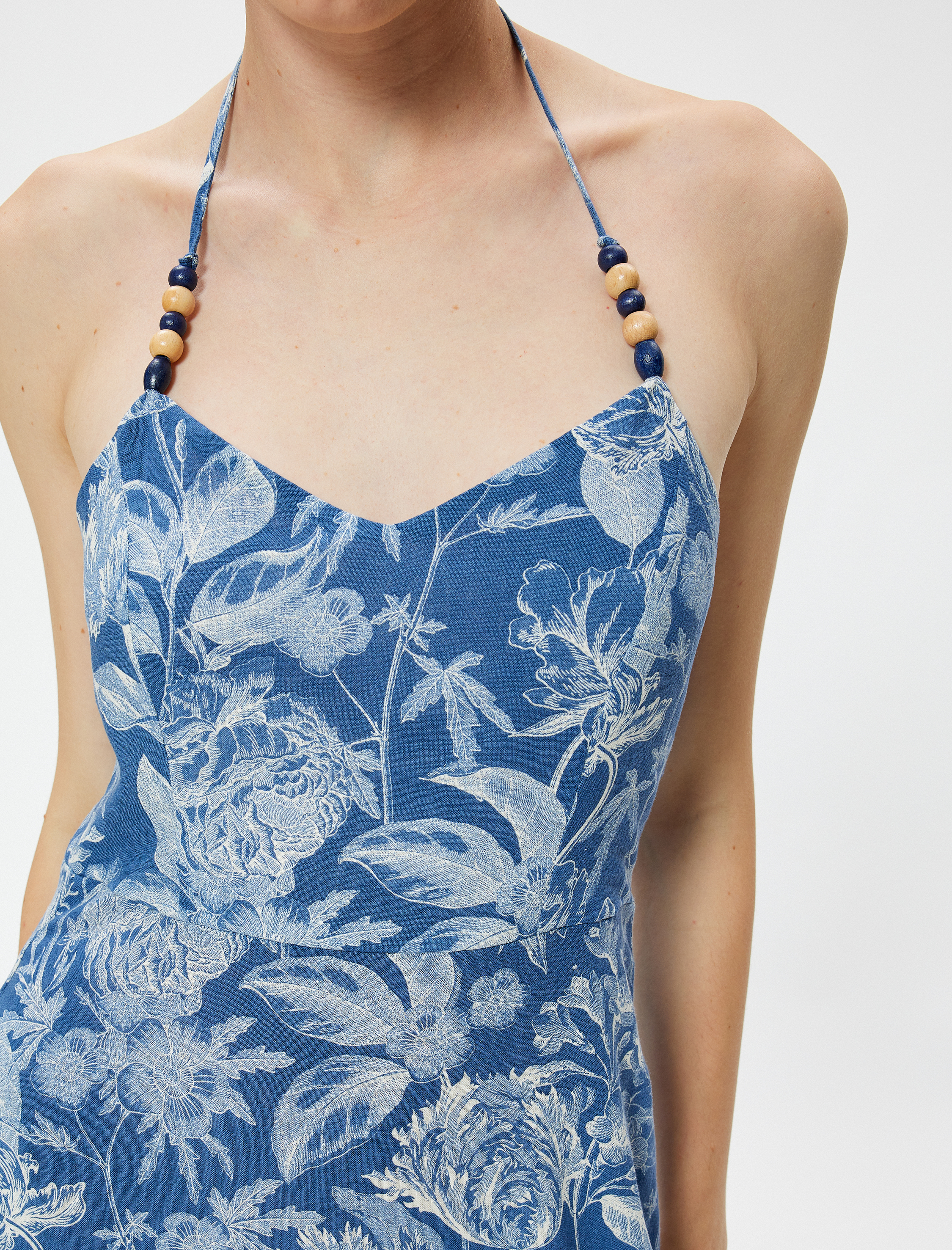   Çiçekli Boyundan Bağlamalı Elbise Midi Boy Keten Karışımlı Cepli