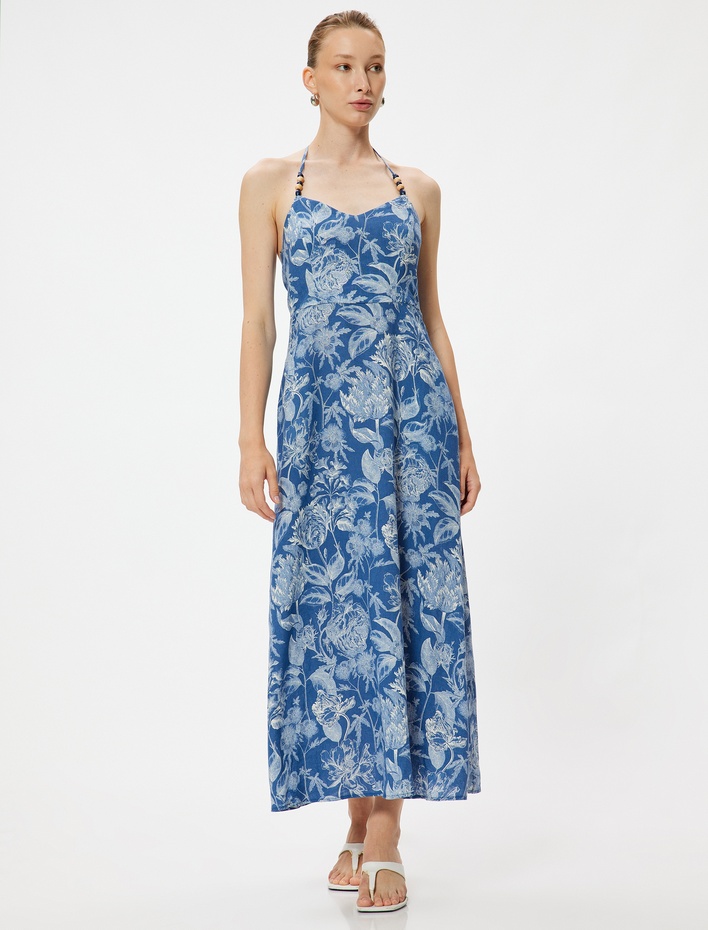  Çiçekli Boyundan Bağlamalı Elbise Midi Boy Keten Karışımlı Cepli