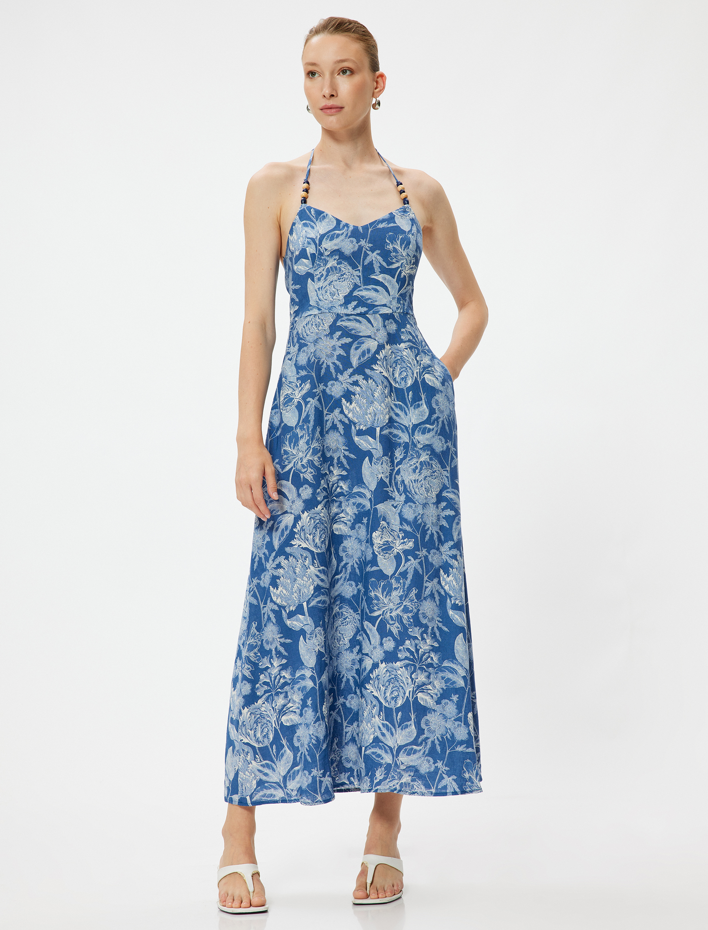   Çiçekli Boyundan Bağlamalı Elbise Midi Boy Keten Karışımlı Cepli