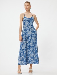 Çiçekli Boyundan Bağlamalı Elbise Midi Boy Keten Karışımlı Cepli