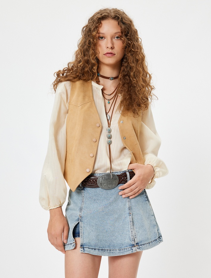  Mini Kot Şort Etek Yırtmaç Detaylı Slim Fit Dikiş Detaylı