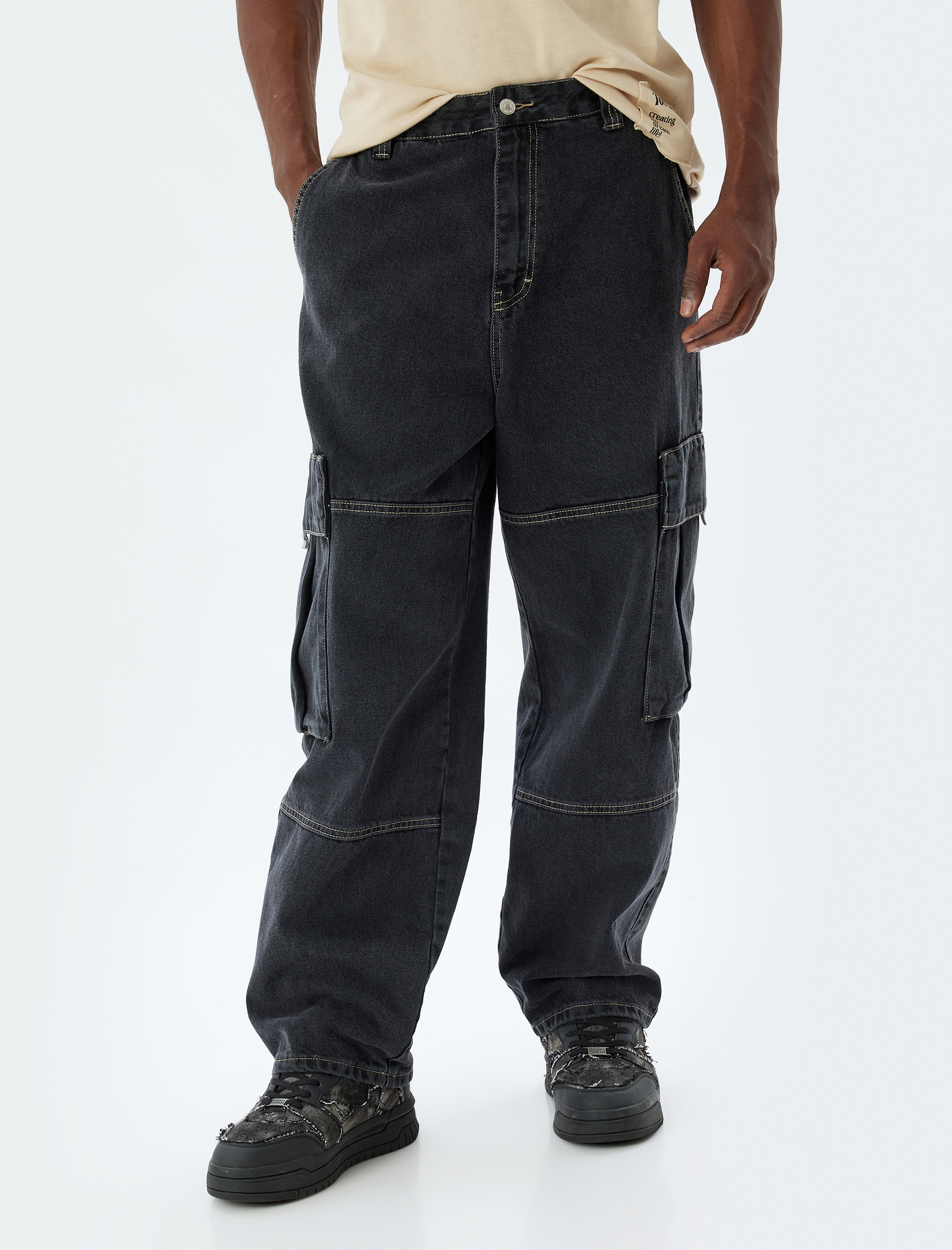   Cep Detaylı Pamuklu Oversize Kargo Kot Pantolon