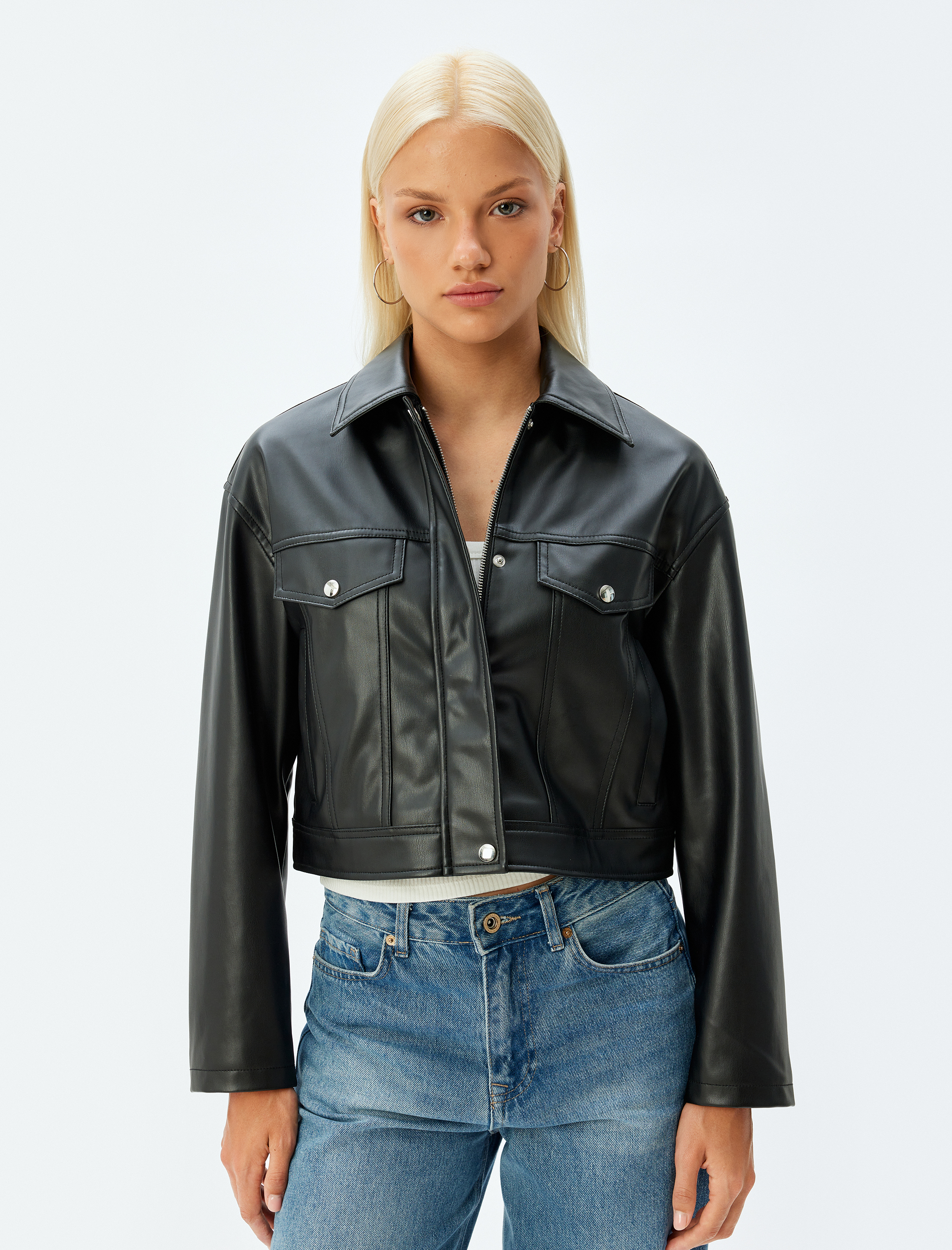   Crop Suni Deri Ceket Fermuarlı Cepli