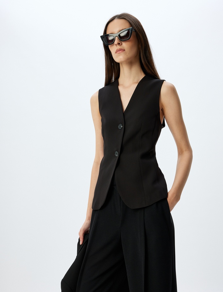  Slim Fit Düğmeli V Yaka Uzun Blazer Yelek