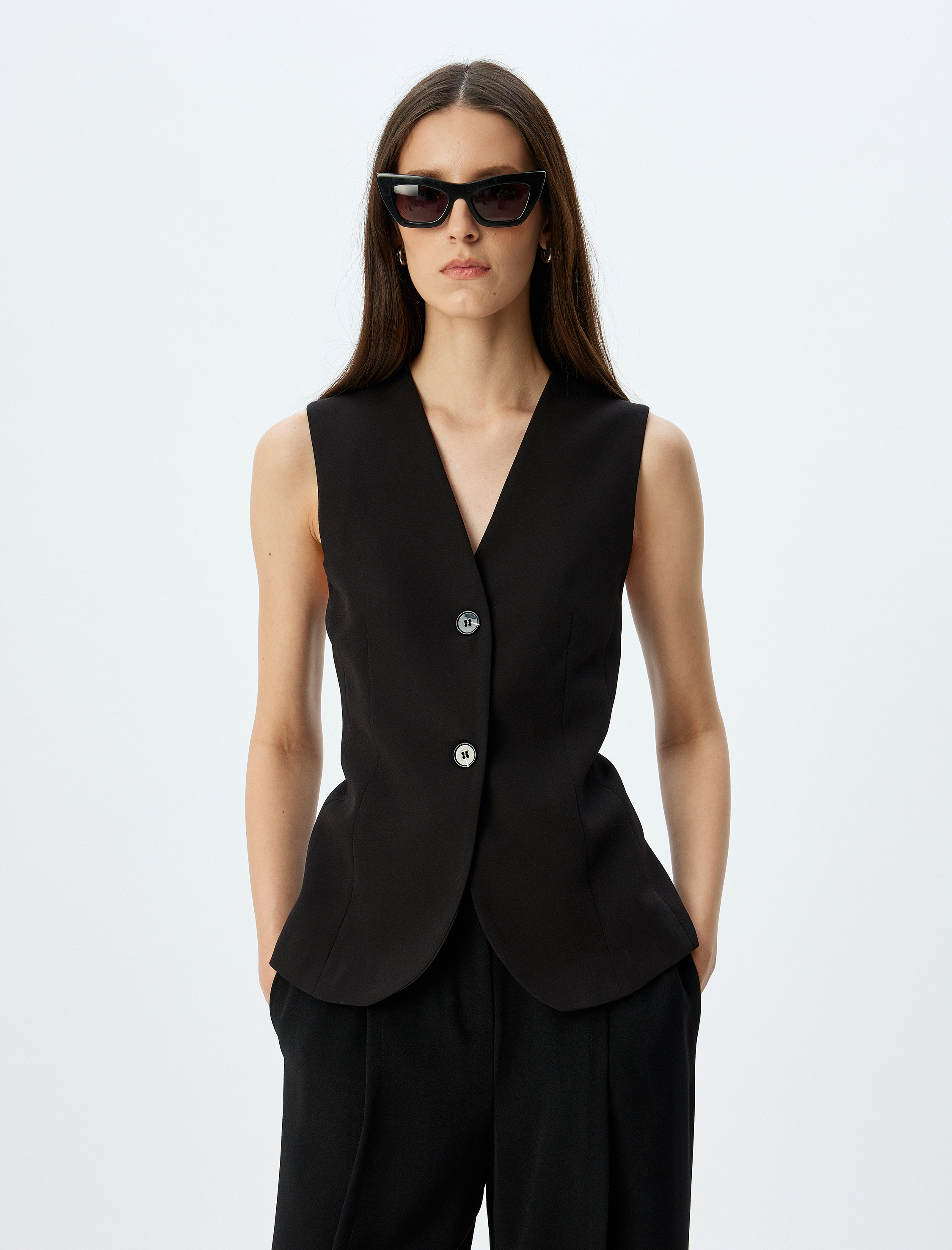   Slim Fit Düğmeli V Yaka Uzun Blazer Yelek