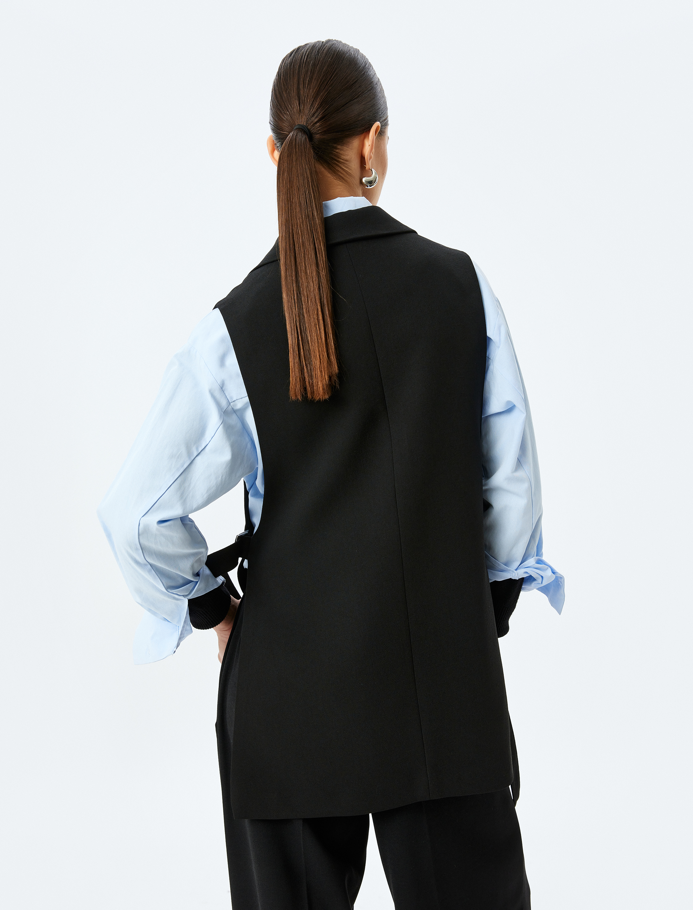   Krep Kumaş Yanları Bağlamalı Kruvaze Uzun Yelek